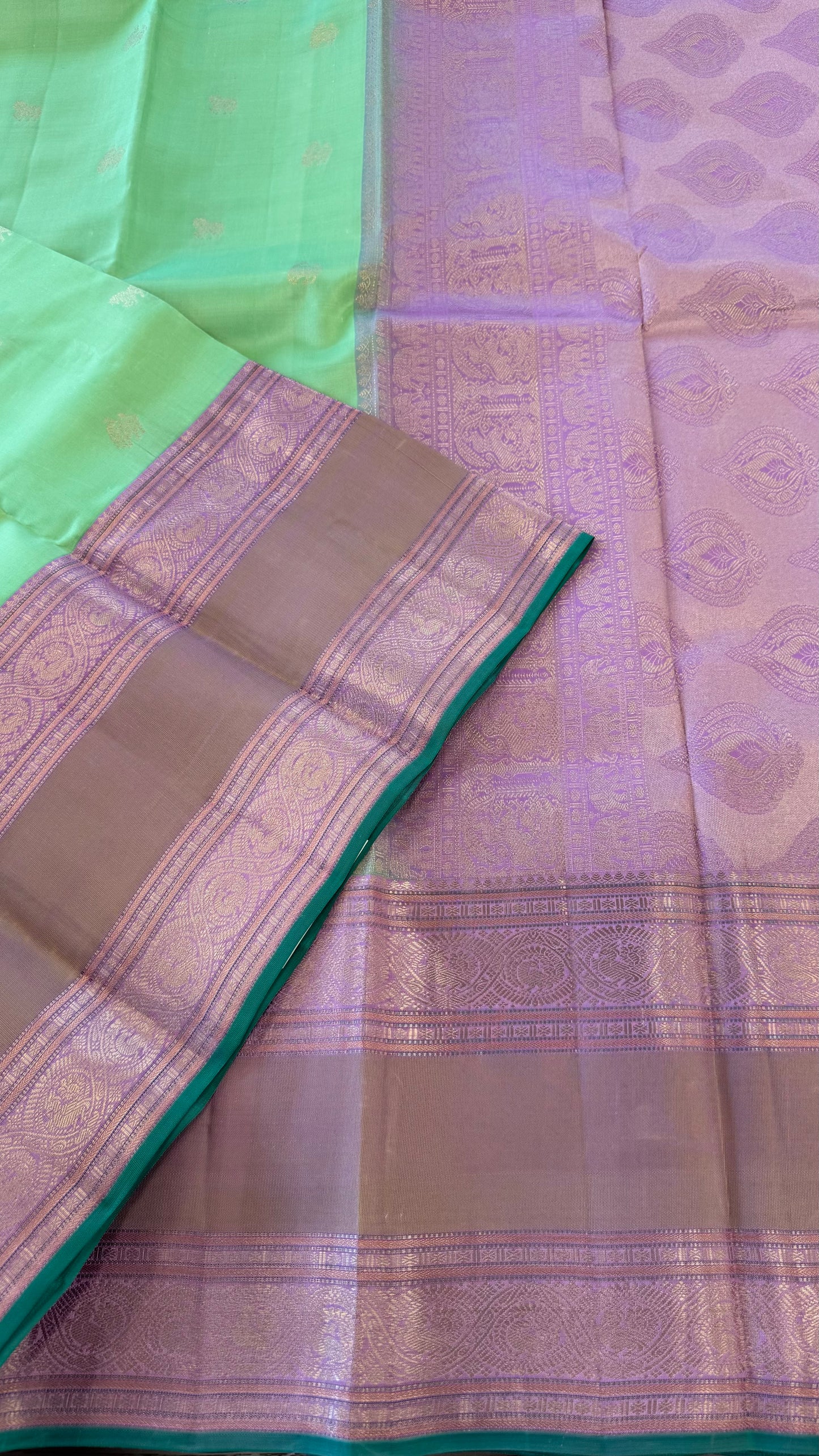MINT GREEN WITH CONTRAST LILAC HANDLOOM KANICHIPURAM SILK SAREE (KSS278)