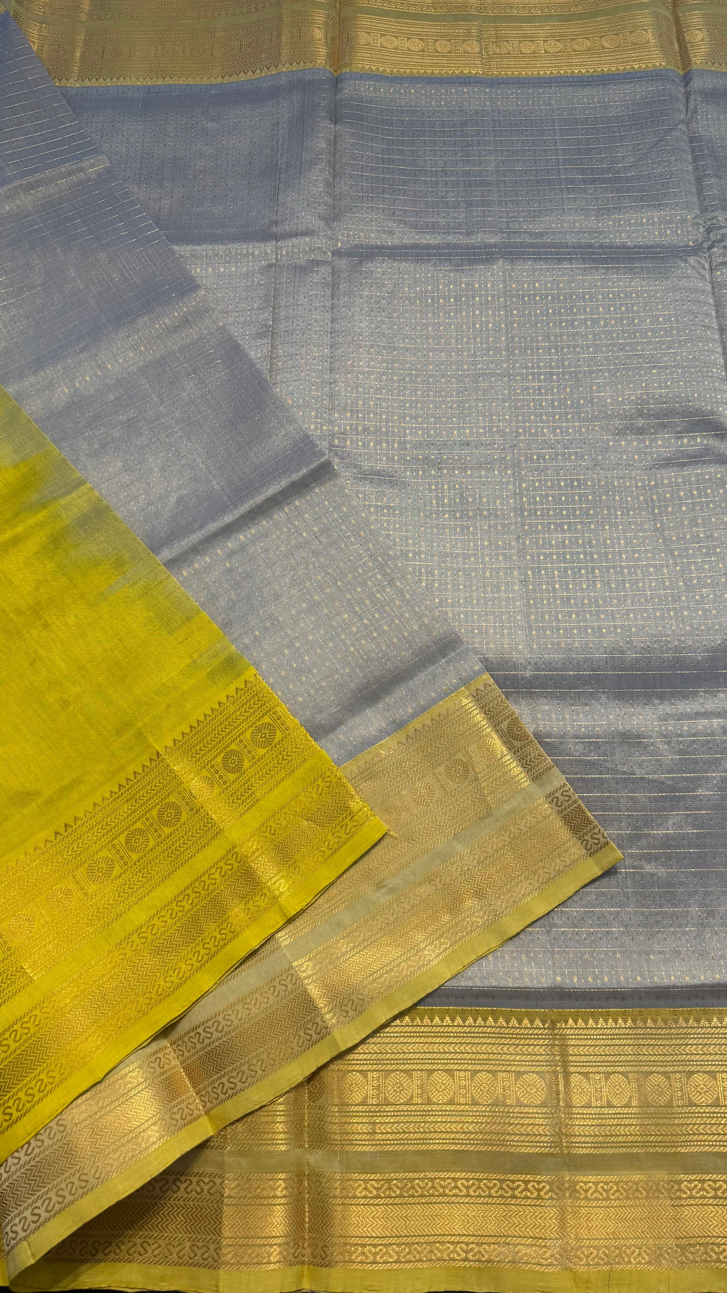 LAKSHA DEEPAM ASH GREY WITH YELLOW HANDLOOM KANCHIPURAM SILK COTTON (KSC56)