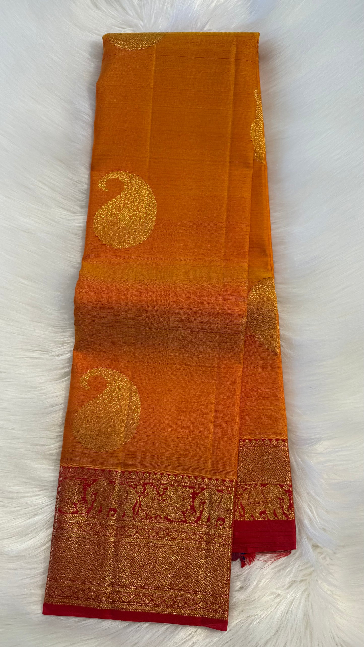 MANGO YELLOW WITH CONTRAST RED GOLD ZARI HANDLOOM KANCHIPURAM SILK SAREE (KSS406)