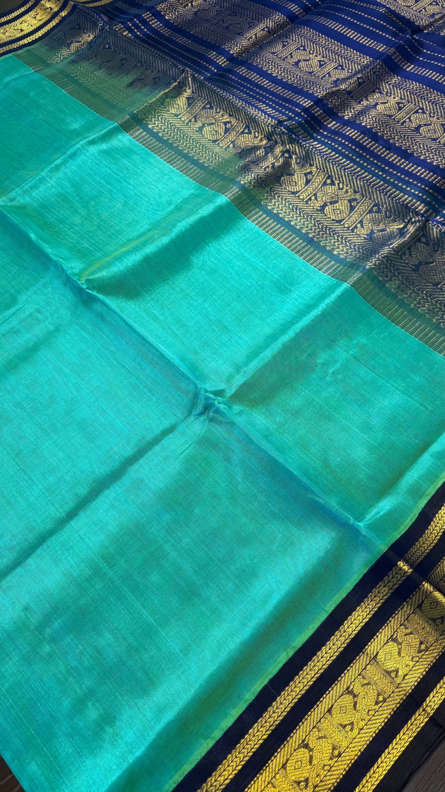 TEAL GREEN WITH DARK BLUE HANDLOOM KANCHIPURAM SILK COTTON (KSC126)