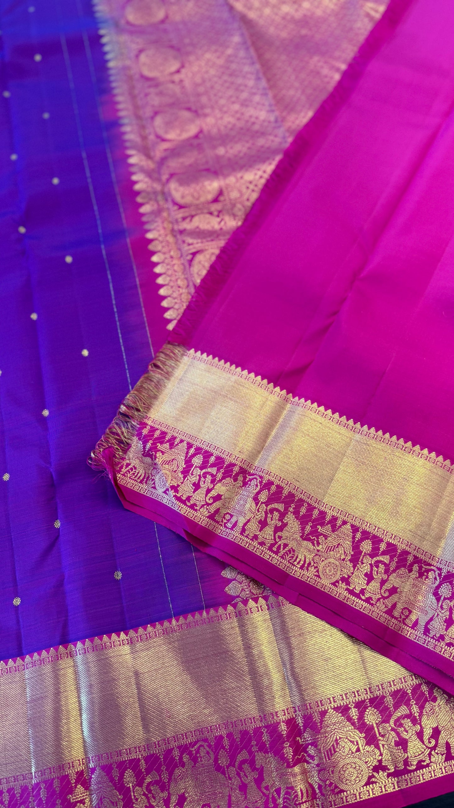 PURPLE PALLAKKU WITH CONTRAST PINK GOLD ZARI HANDLOOM KANICHIPURAM SILK SAREE (KSS238)