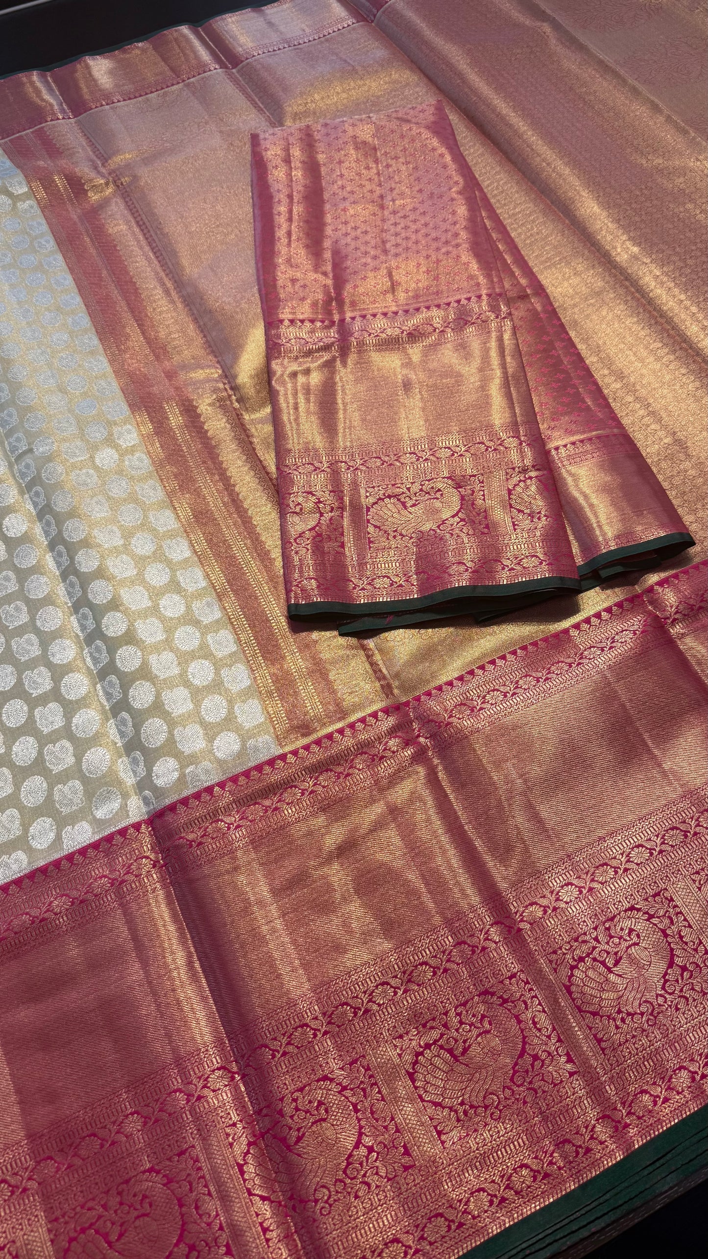 CHAMPAGNE GOLD WITH CONTRAST PINK SEMI SILK KANCHIPURAM SILK SAREE (SSKS70)