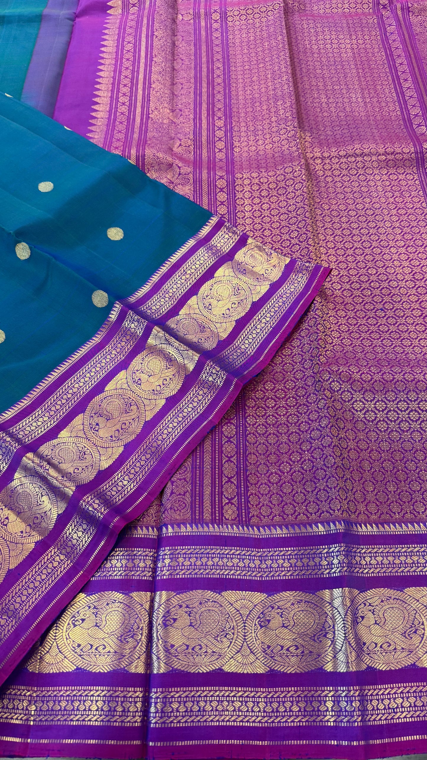 PEACOCK BLUE CONTRAST PURPLE GOLD ZARI HANDLOOM KANICHIPURAM SILK SAREE (KSS188)