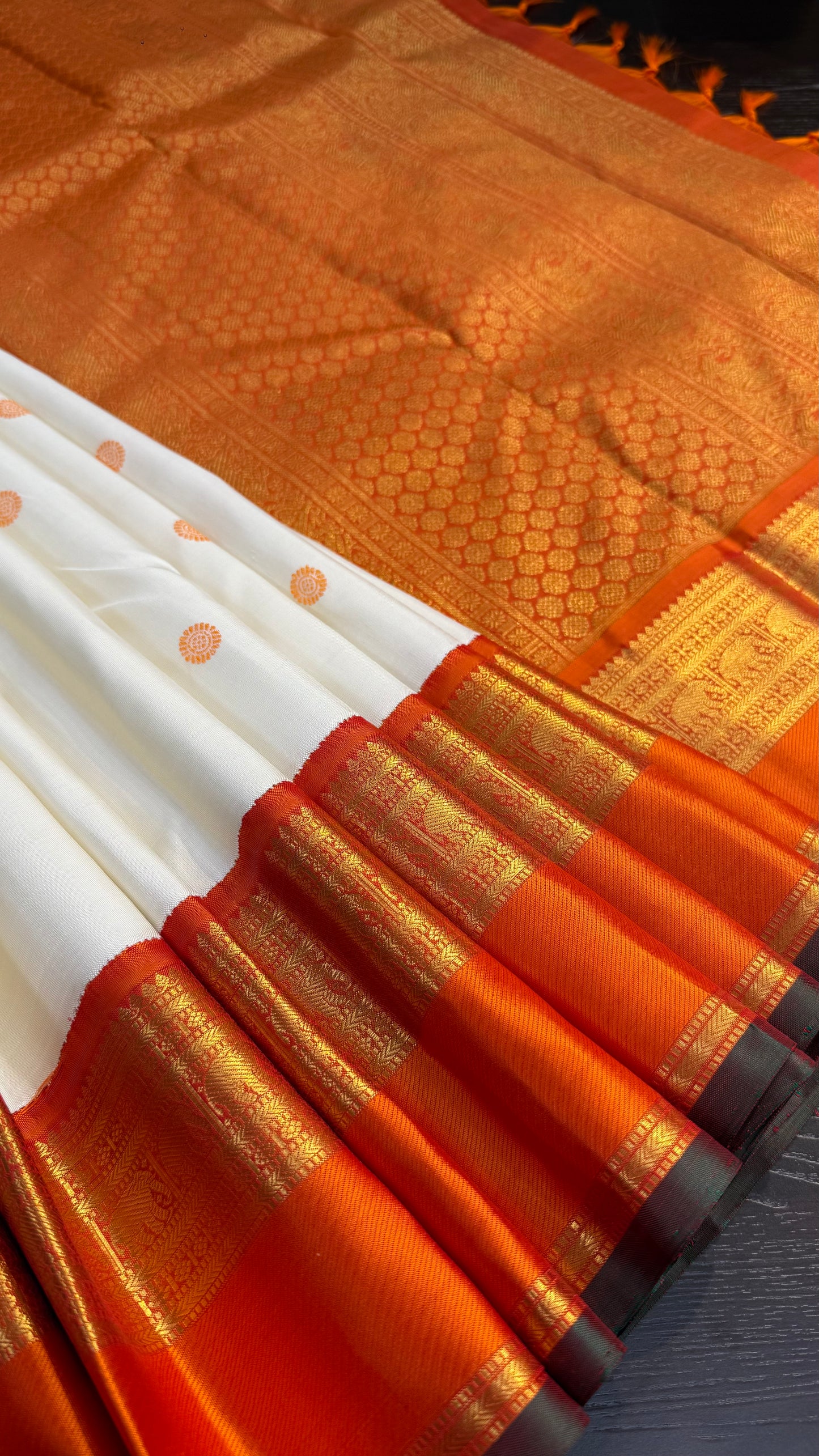 TRADITIONAL PURE ZARI WHITE AND ORANGE HANDLOOM KANICHIPURAM SILK SAREE (KSS204)