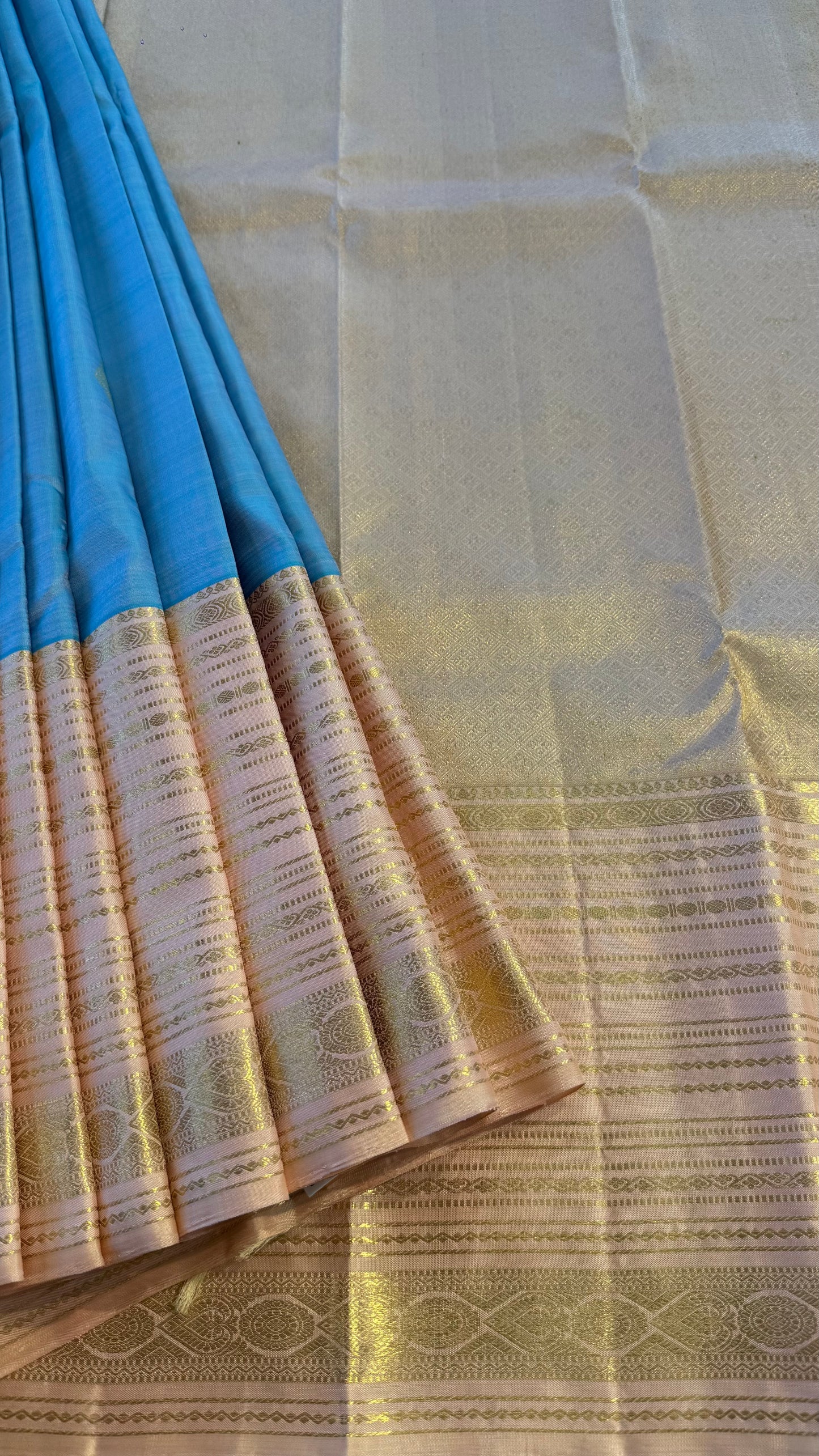 LIGHT BLUE WITH PASTEL PINK GOLD ZARI HANDLOOM KANICHIPURAM SILK SAREE (KSS212)