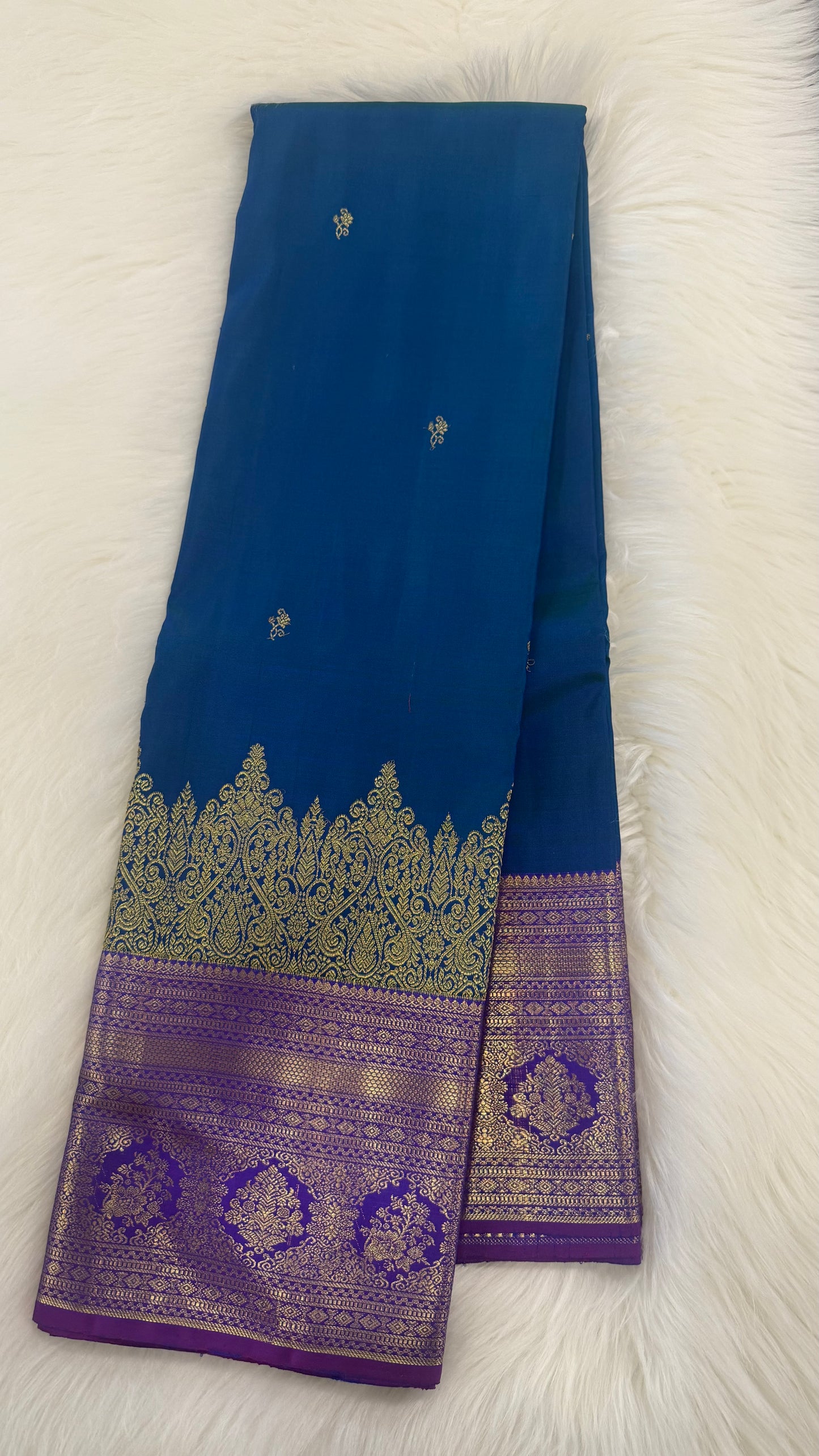 PEACOCK BLUE GREEN WITH CONTRAST PURPLE GOLD ZARI HANDLOOM KANICHIPURAM SILK SAREE (KSS163)