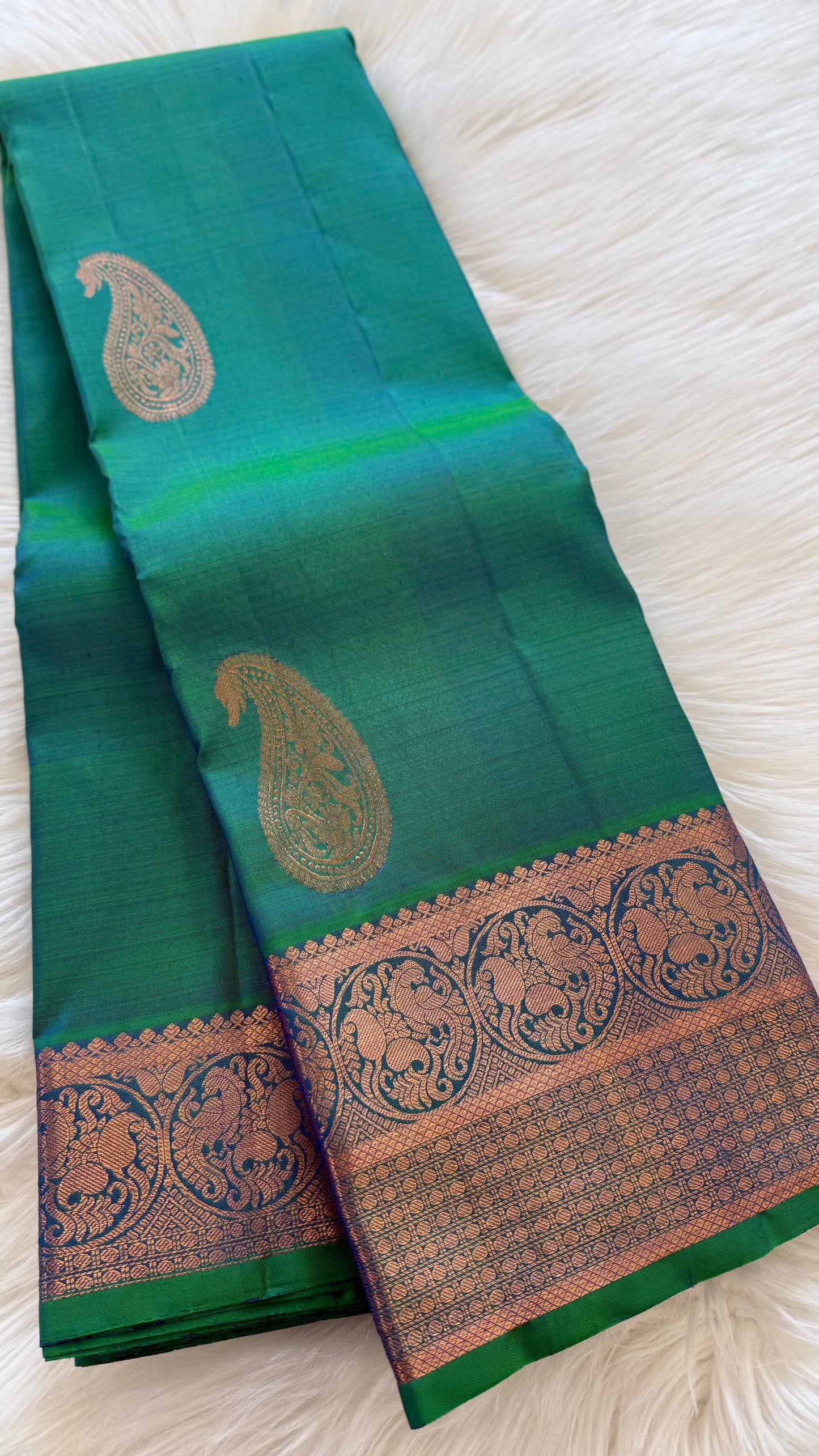 DUAL TONE PEACOCK BLUE ROSE GOLD ZARI HANDLOOM PURE KANICHIPURAM SILK SAREE (KSS231)