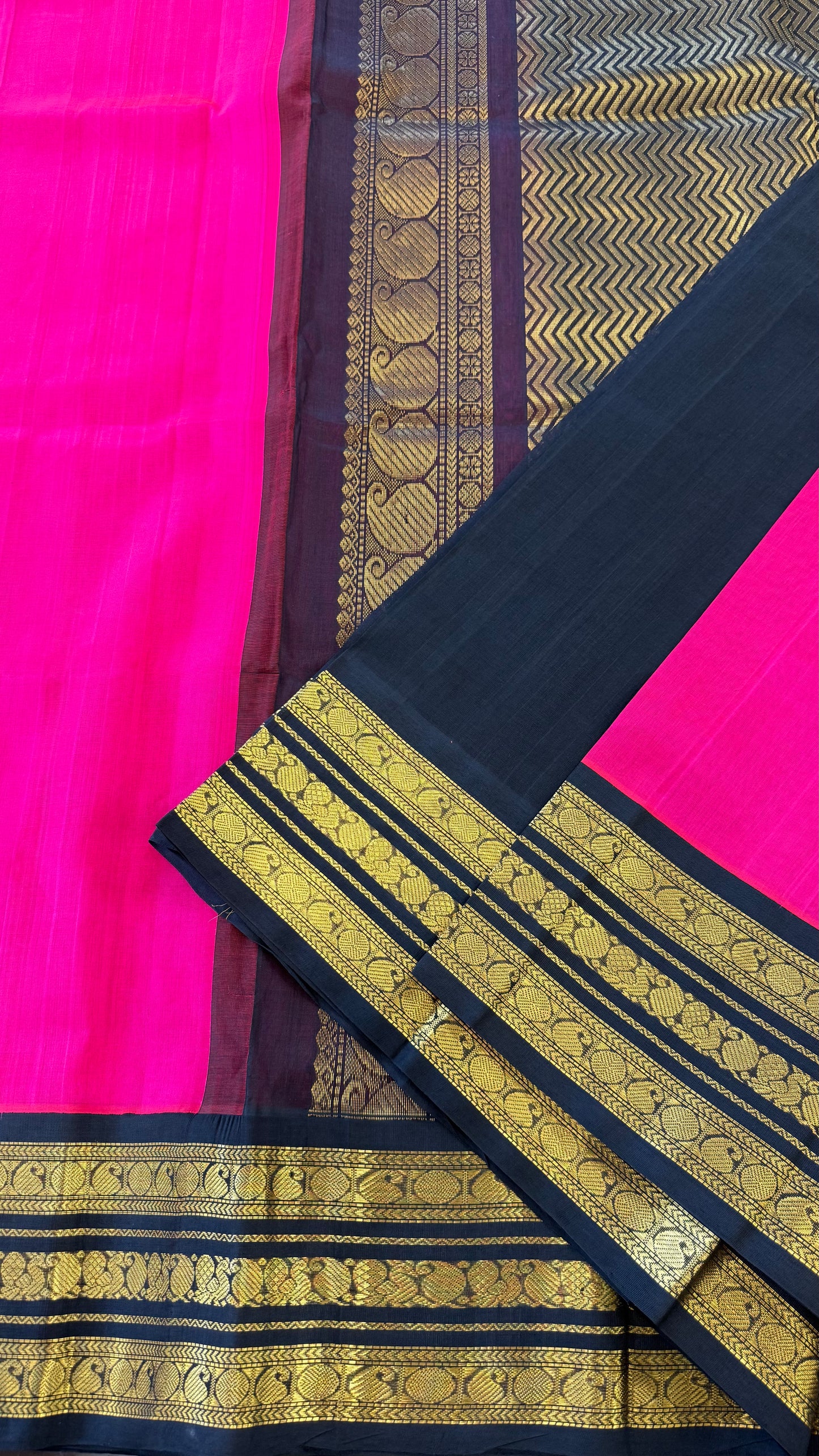 RANI PINK WITH CONTRAST BLACK KANCHIPURAM SILK COTTON (KSC90)