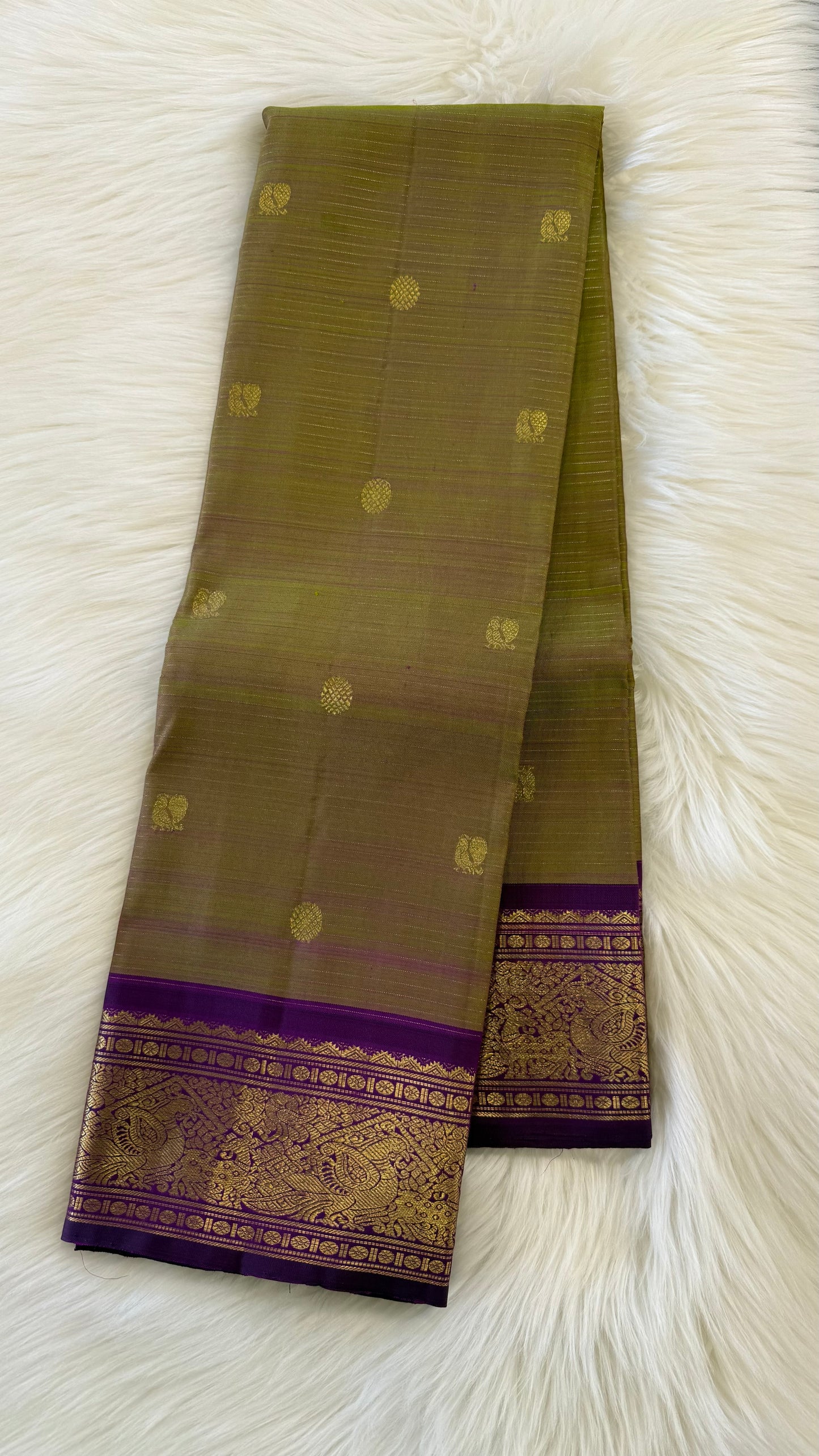 DUAL TONE GREEN WITH CONTRAST DEEP PURPLE GOLD ZARI HANDLOOM KANICHIPURAM SILK SAREE (KSS181)