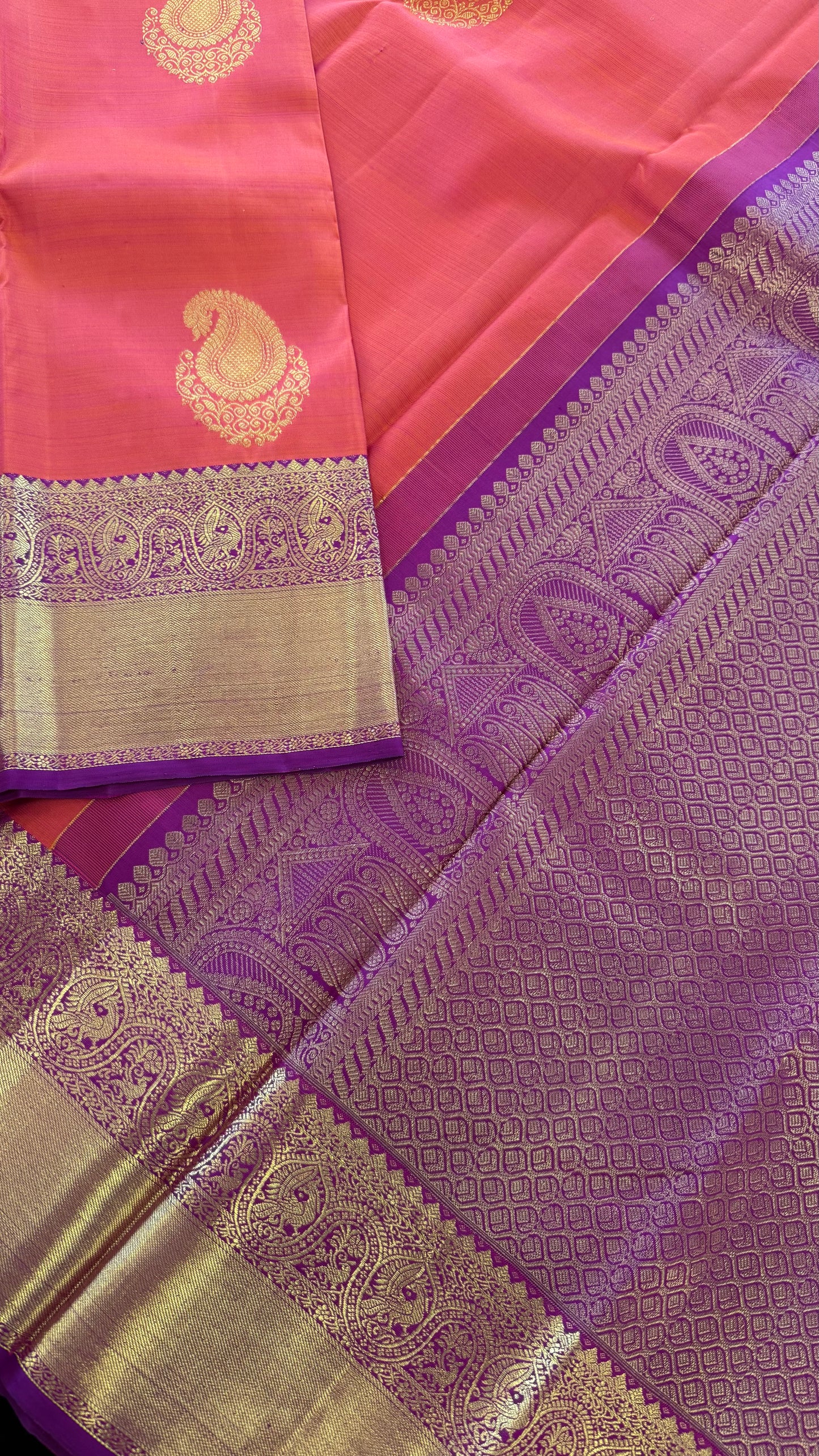 DUAL TONE ORANGE WITH CONTRAST VADAMALLI PURPLE GOLD ZARI HANDLOOM KANICHIPURAM SILK SAREE (KSS111)