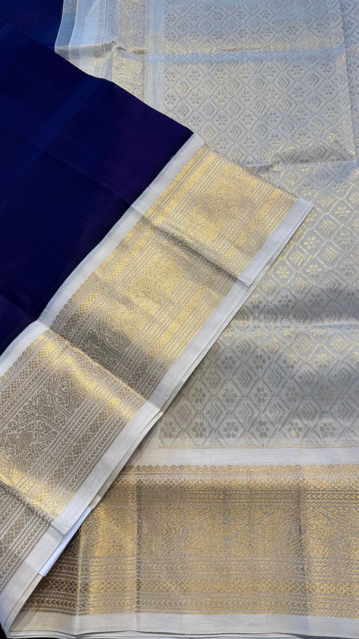 INDIGO PURPLE WITH IVORY HANDLOOM KANCHIPURAM SILK COTTON (KSC135)