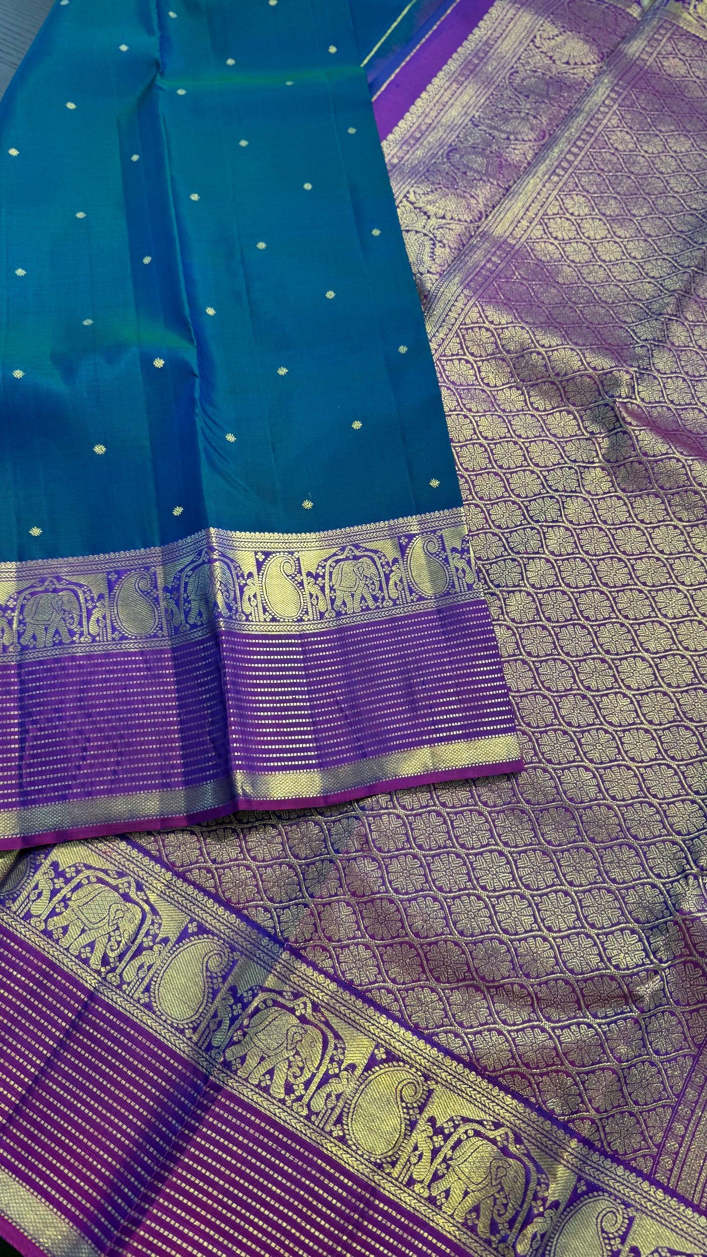 PEACOCK BLUE WITH PURPLE GOLD ZARI HANDLOOM KANICHIPURAM SILK SAREE (KSS241)