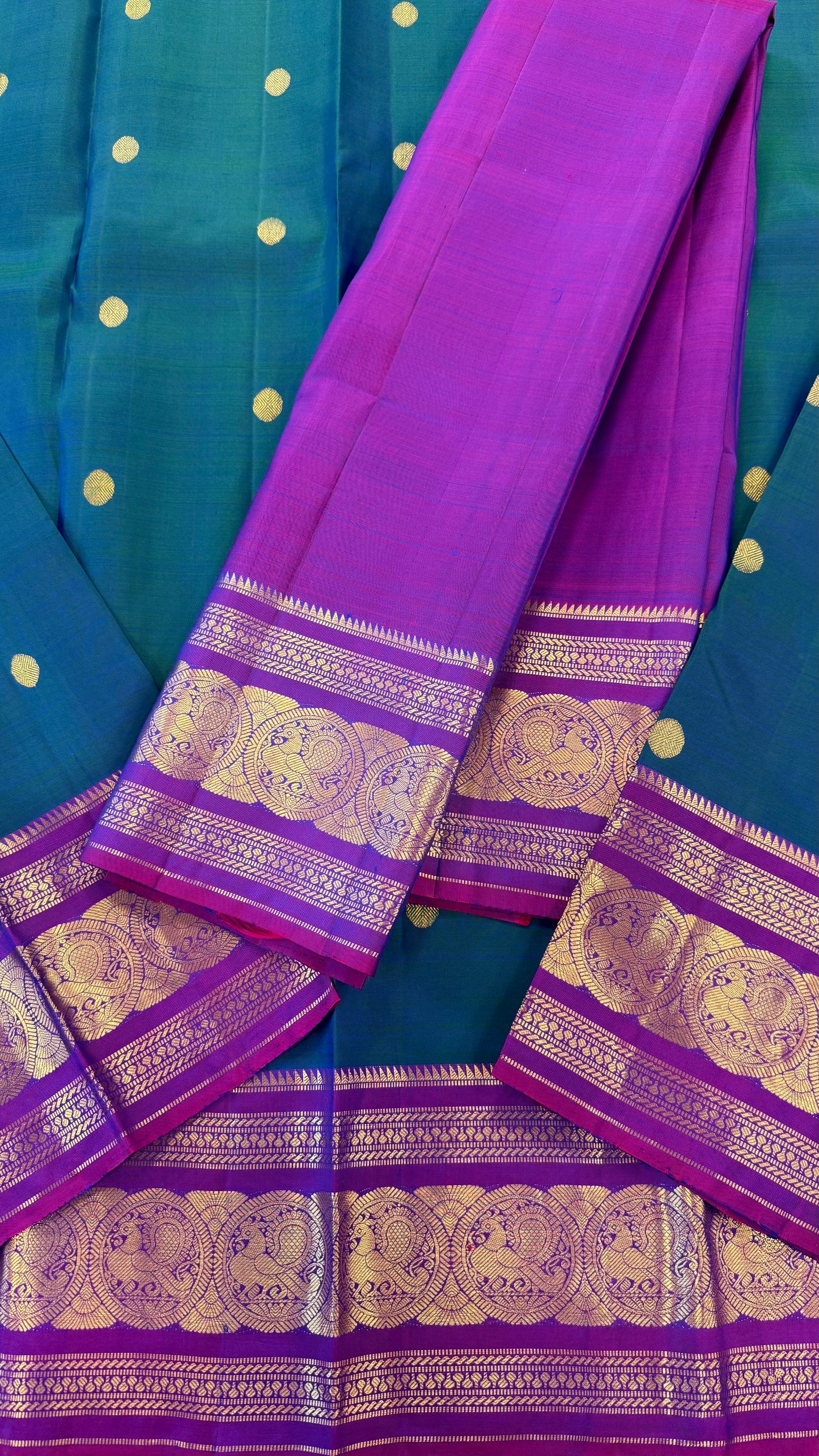 PEACOCK BLUE CONTRAST PURPLE GOLD ZARI HANDLOOM KANICHIPURAM SILK SAREE (KSS188)
