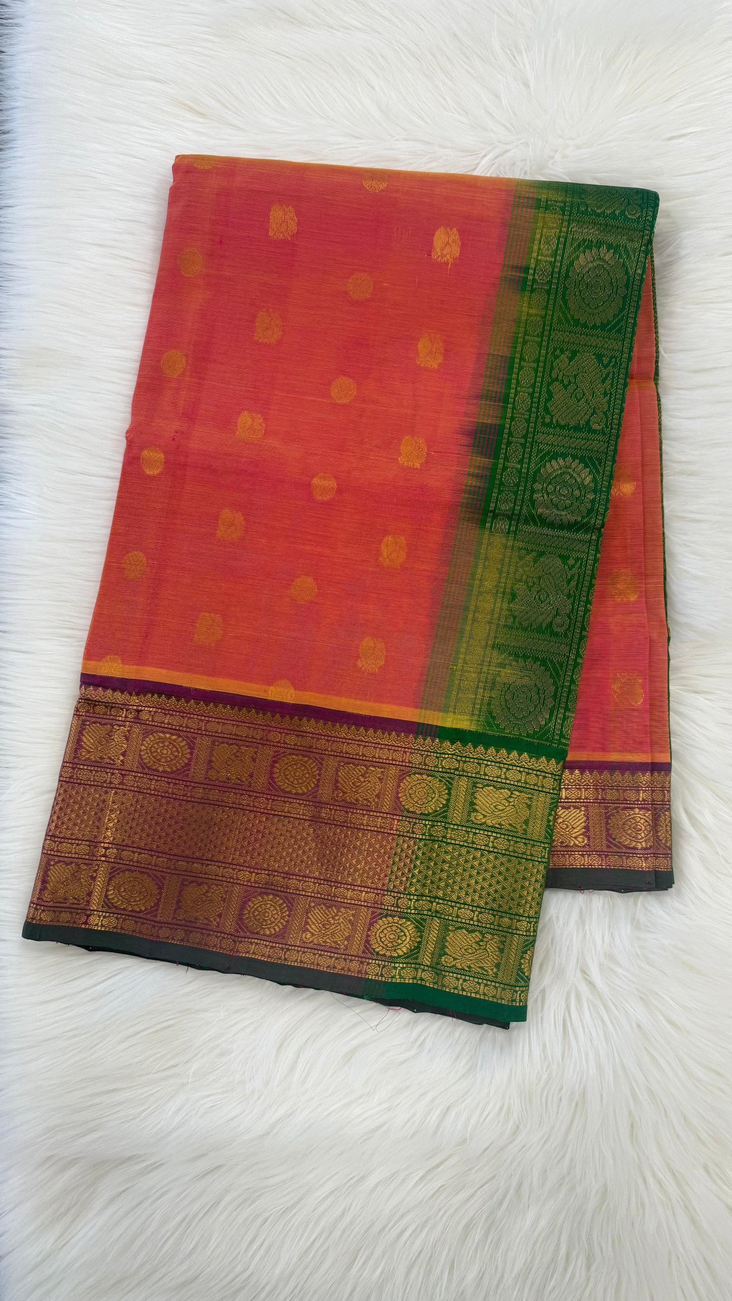 PEACH PINK WITH CONSTRAST GREEN KANCHIPURAM SILK COTTON (KSC05)