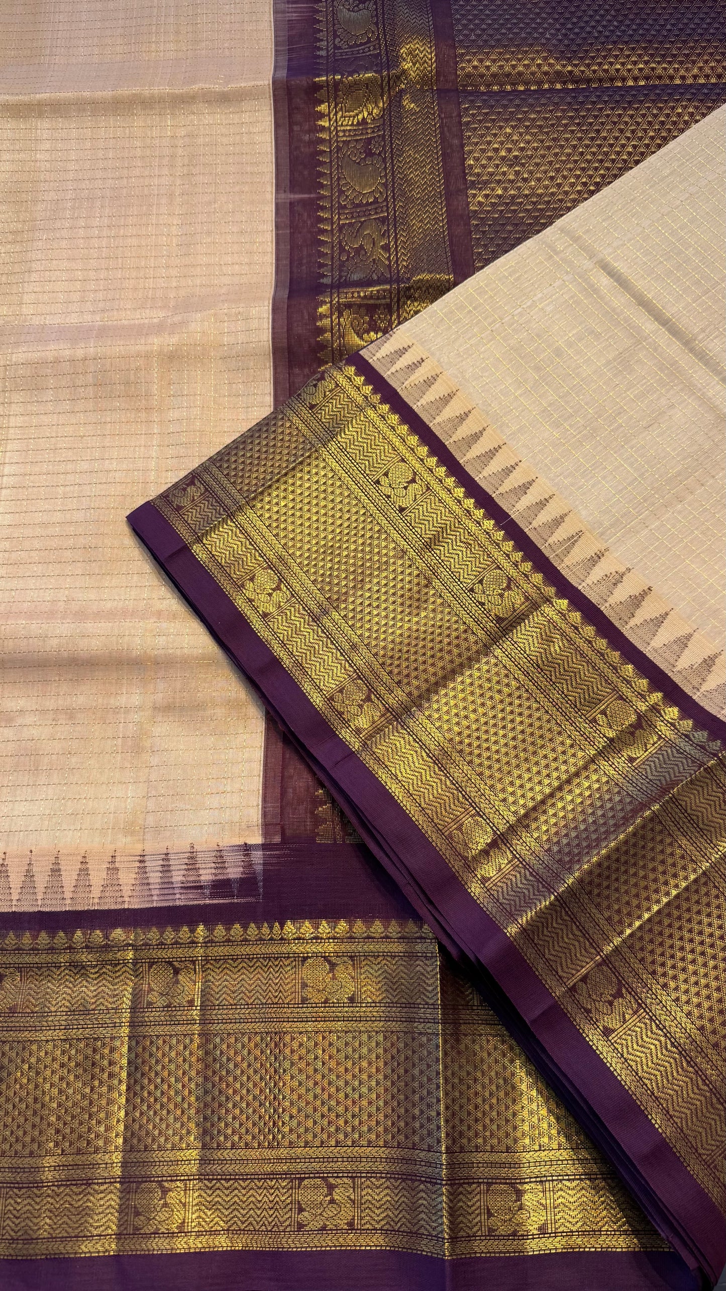CHECKED PEACH WITH DARK PURPLE HANDLOOM KANCHIPURAM SILK COTTON (KSC142)