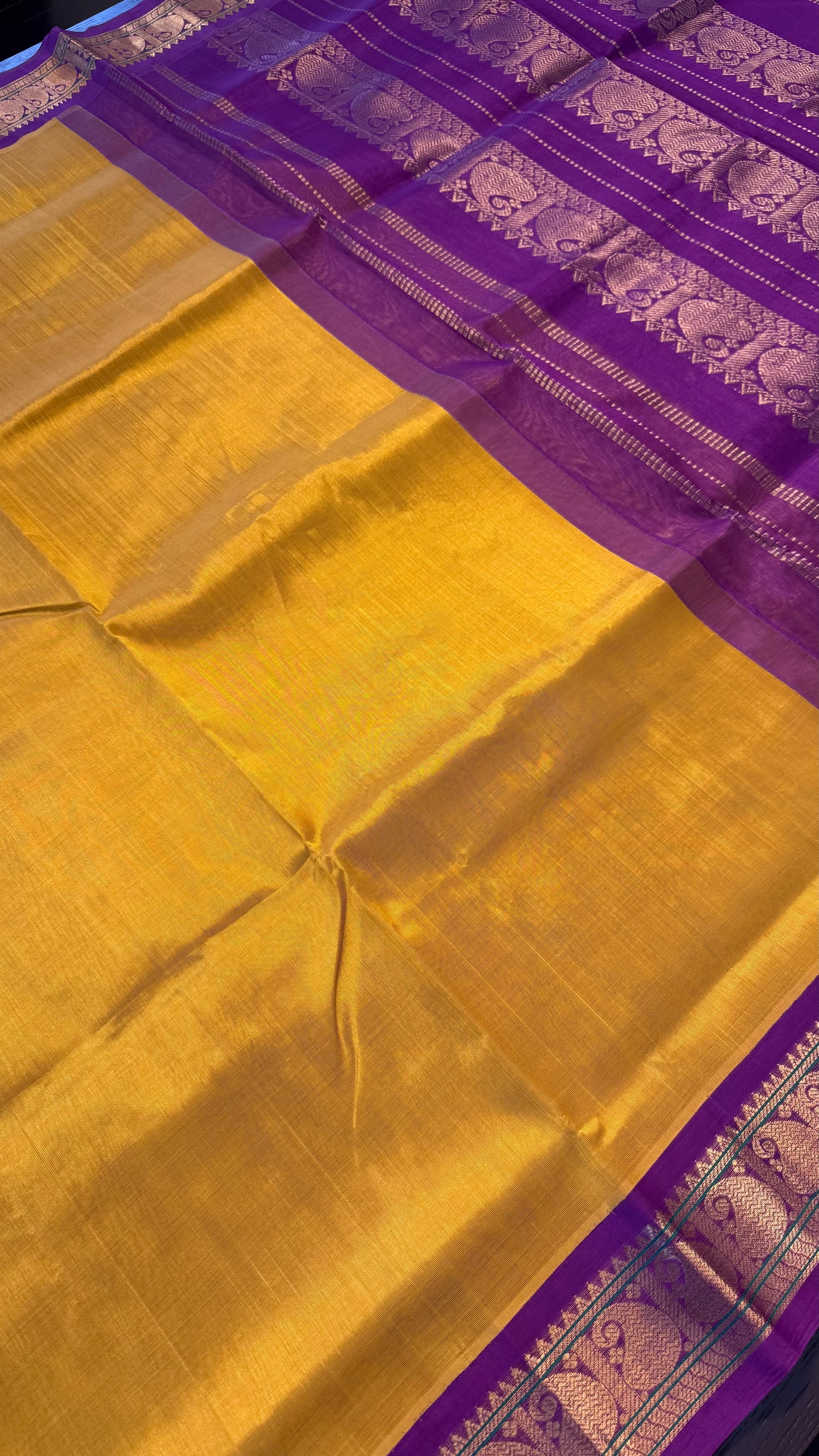 YELLOW WITH PURPLE HANDLOOM KANCHIPURAM SILK COTTON (KSC101)