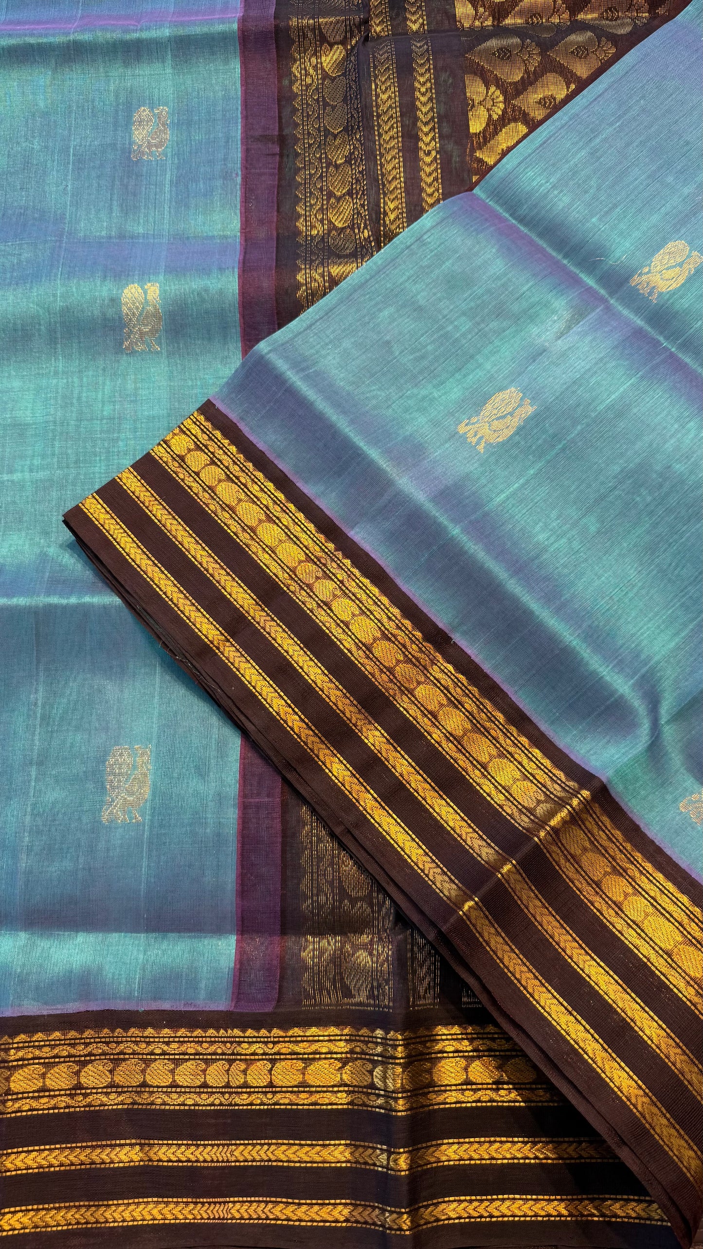 TURQUOISE WITH DARK BROWN HANDLOOM KANCHIPURAM SILK COTTON (KSC132)