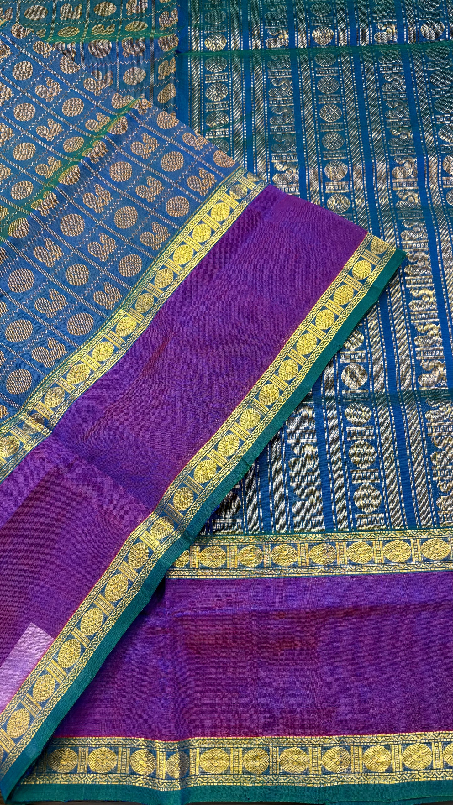 PEACOCK BLUE WITH PURPLE KATTAM HANDLOOM KANCHIPURAM SILK COTTON (KSC138)