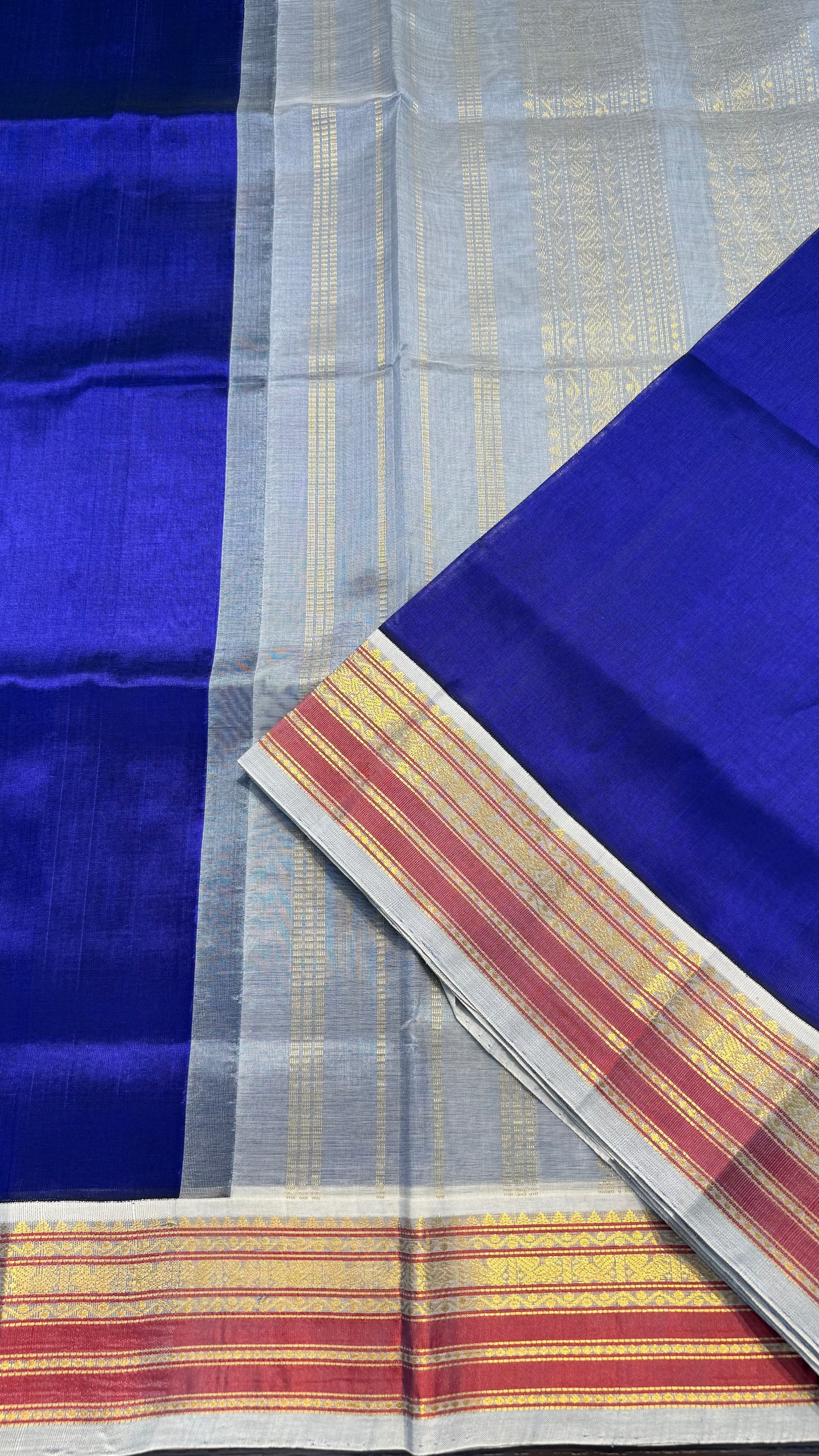 ROYAL BLUE WITH CONTRAST ASH GREY KANCHIPURAM SILK COTTON (KSC34)