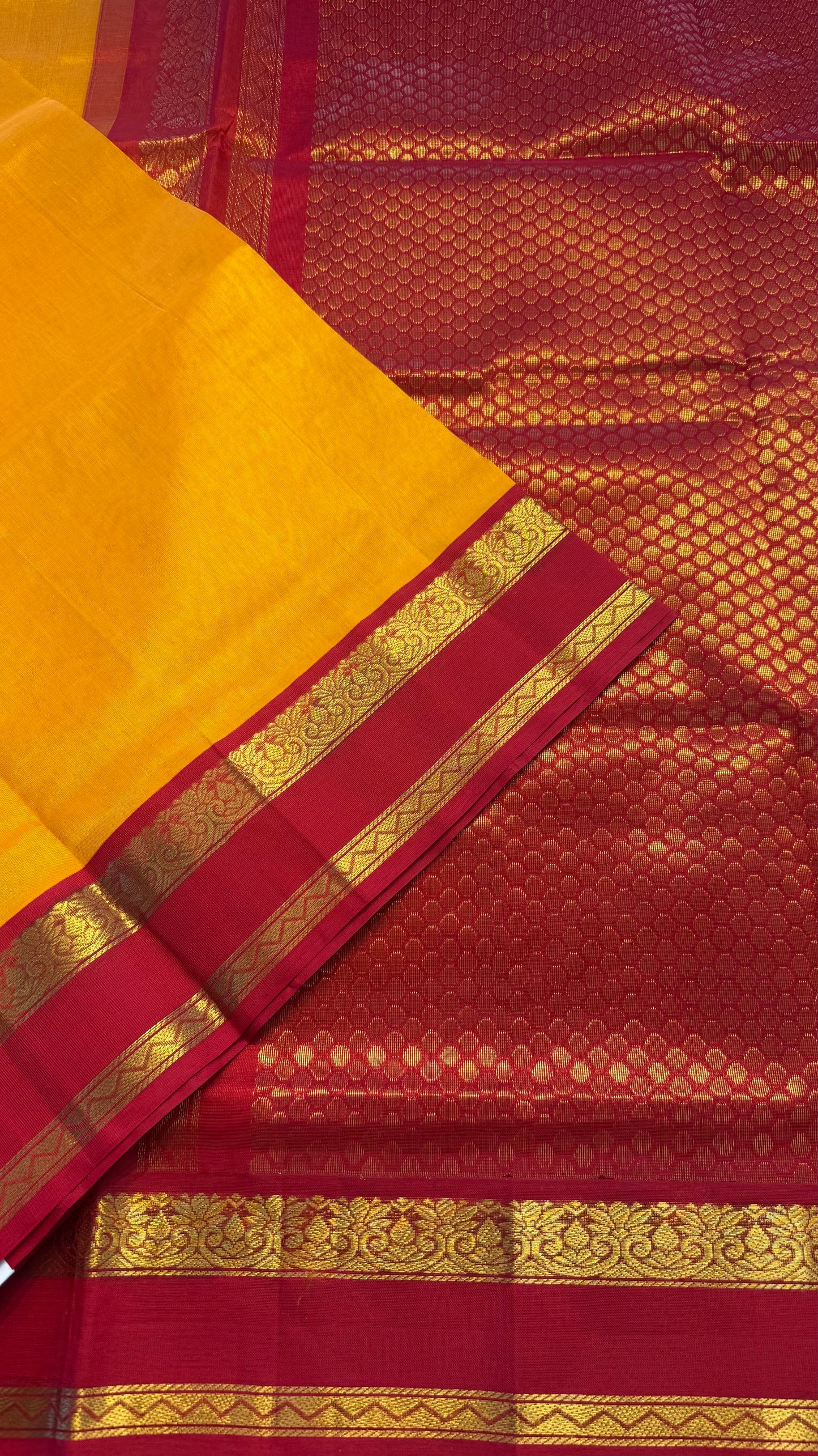 MUSTARD YELLOW WITH RED HANDLOOM KANCHIPURAM SILK COTTON (KSC108)