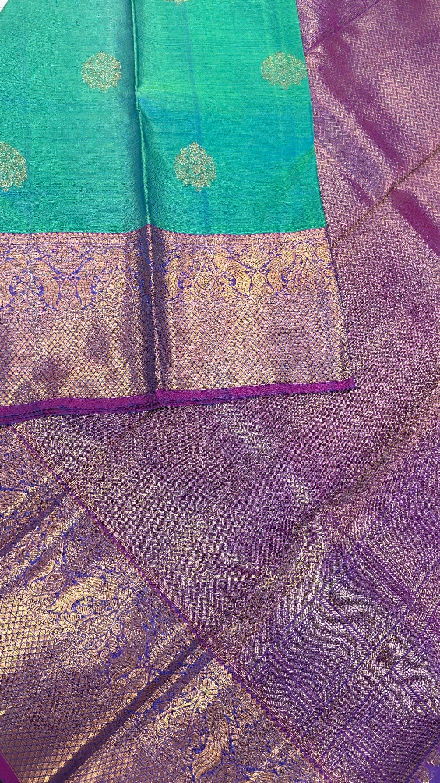 DUAL TONE PEACOCK BLUE & PURPLE HANDLOOM PURE KANICHIPURAM SILK SAREE (KSS87)
