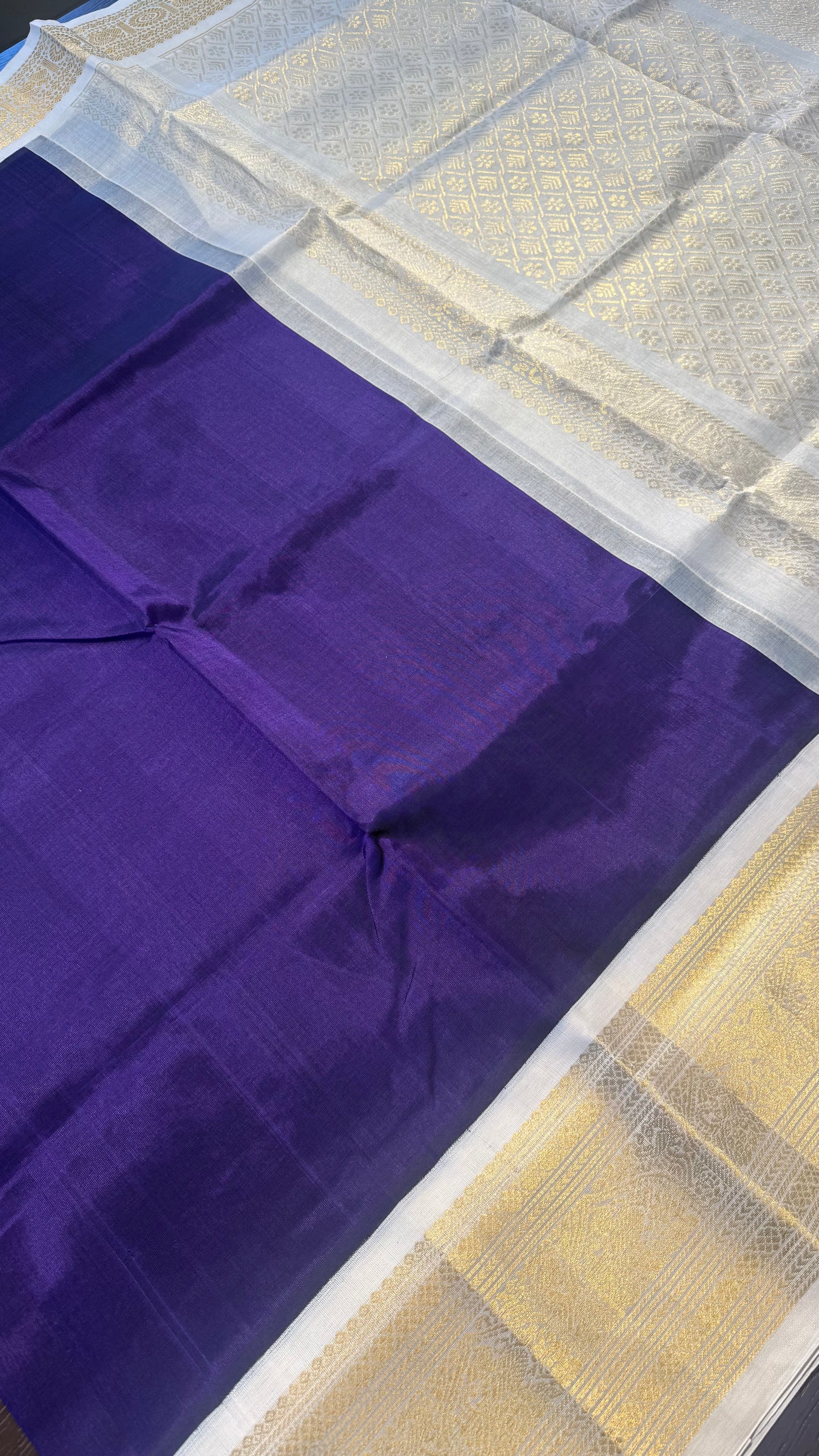 INDIGO PURPLE WITH IVORY HANDLOOM KANCHIPURAM SILK COTTON (KSC135)