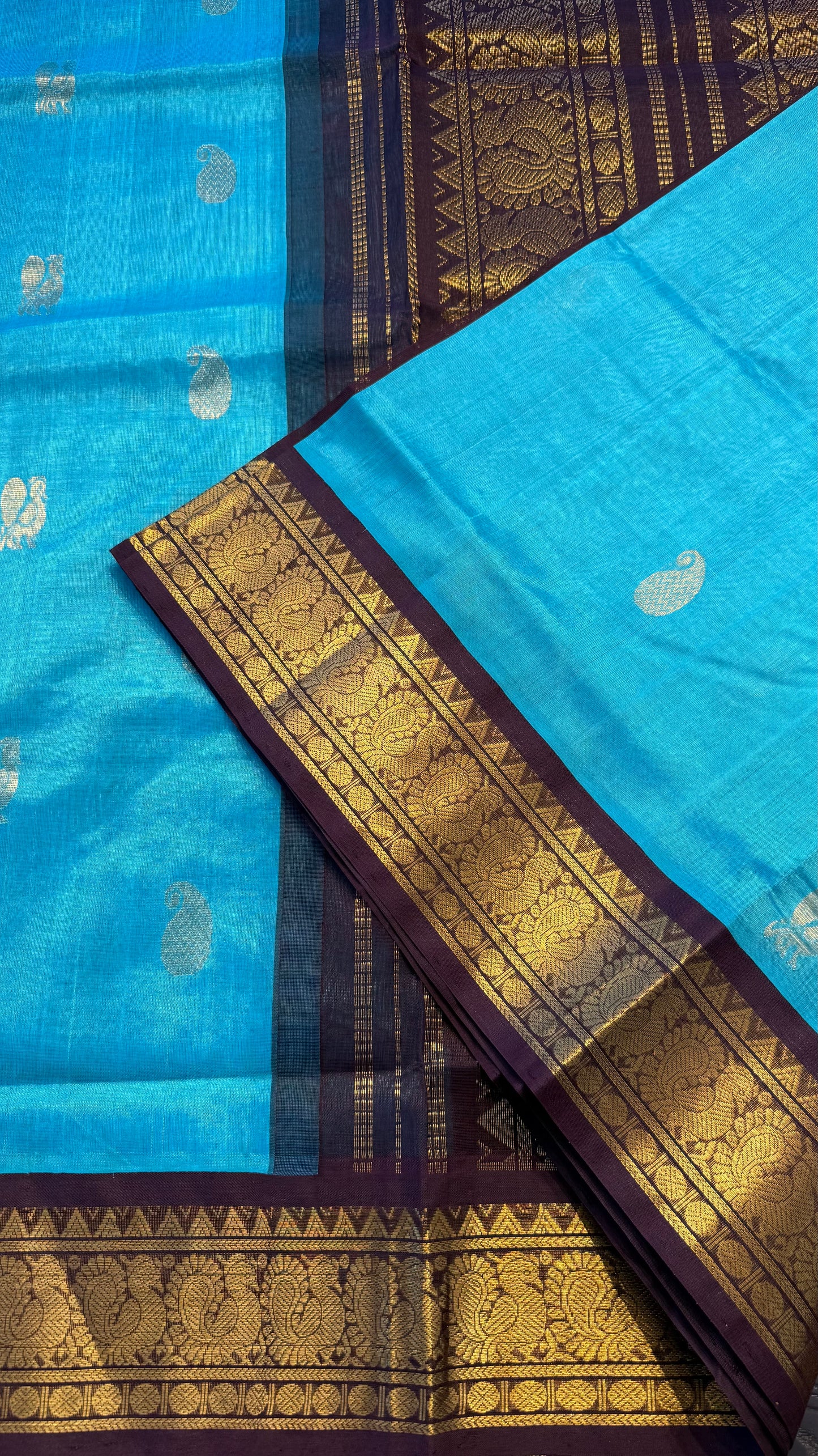 TURQUIOSE BLUE WITH CONTRAST DARK BROWN HANDLOOM KANCHIPURAM SILK COTTON (KSC120)