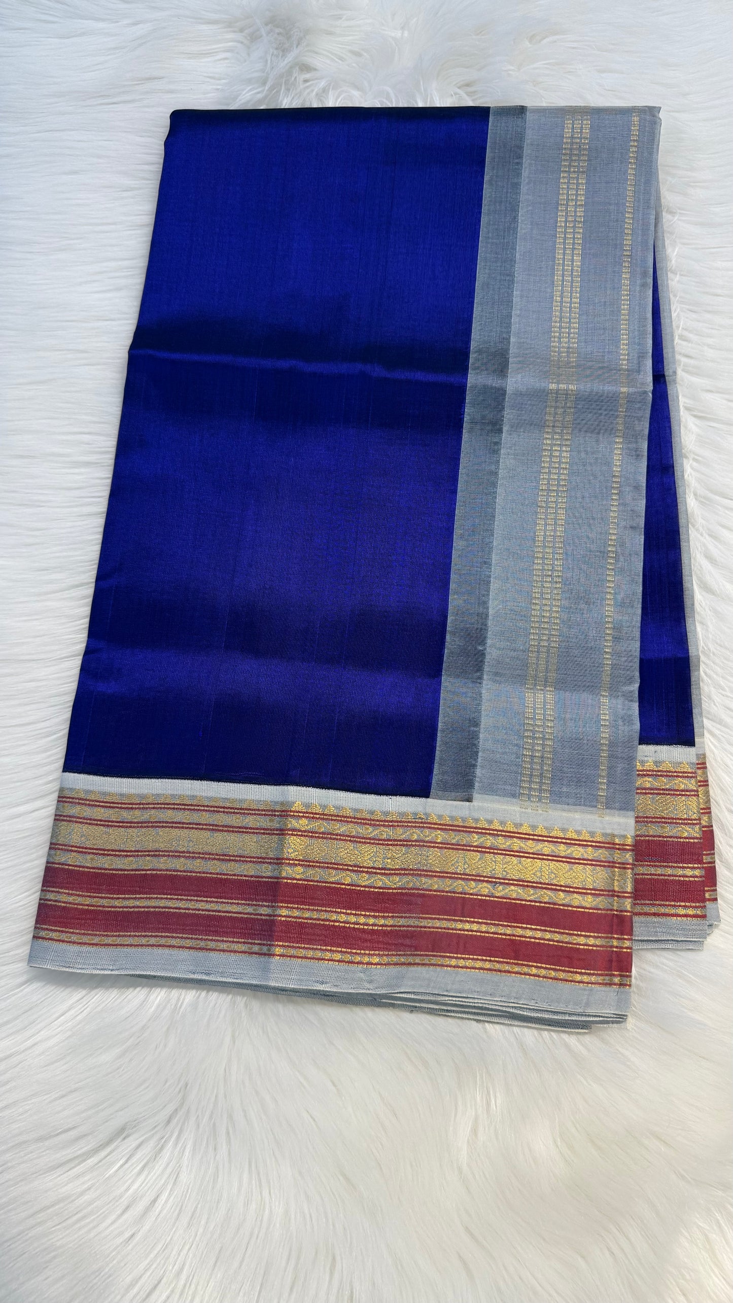 ROYAL BLUE WITH CONTRAST ASH GREY KANCHIPURAM SILK COTTON (KSC34)