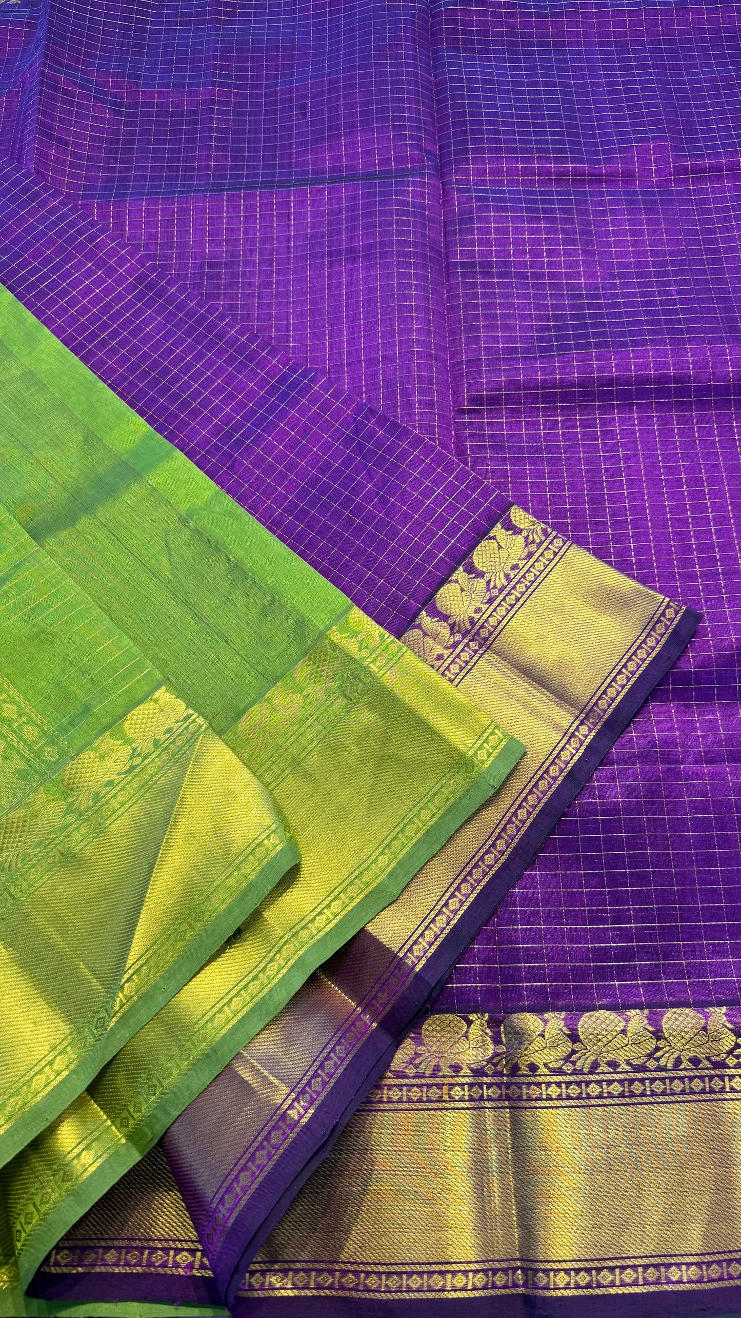 PURPLE WITH GREEN HANDLOOM KANCHIPURAM SILK COTTON