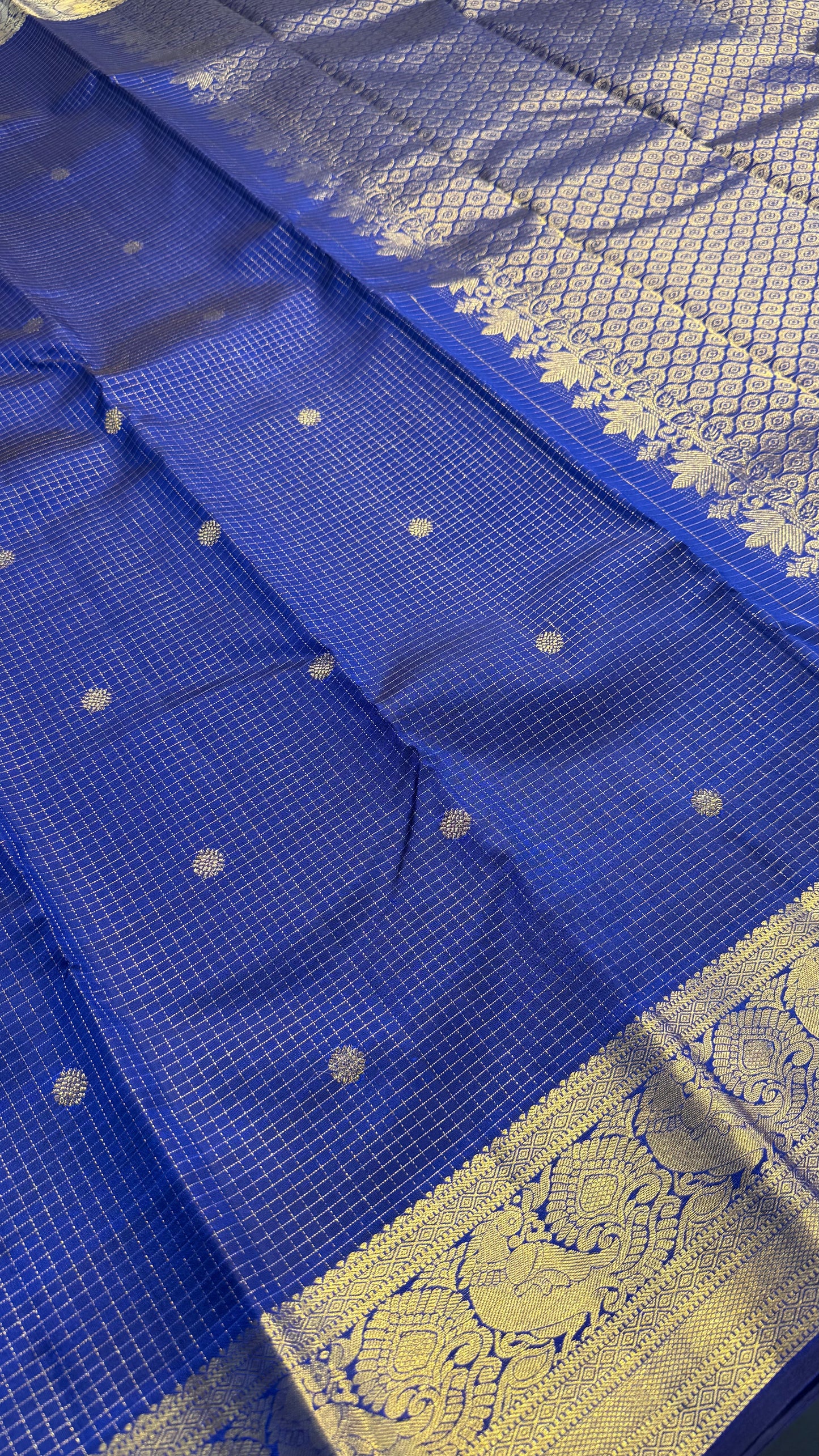 BLUE TRADITIONAL SMALL KATTAM GOLD ZARI HANDLOOM KANICHIPURAM SILK SAREE (KSS258)