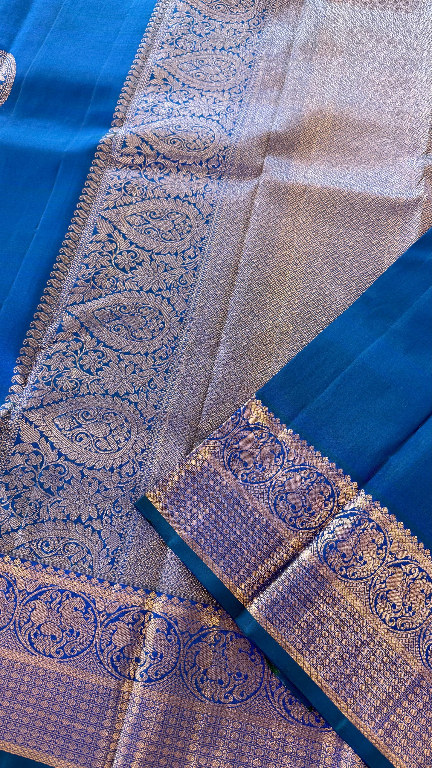 PEACOCK BLUE ROSE GOLD ZARI HANDLOOM KANICHIPURAM SILK SAREE (KSS230)
