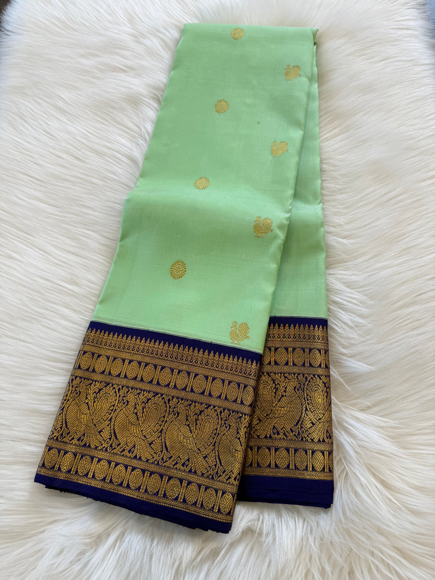 SEA GREEN WITH CONTRAST NAVY BLUE BORDER HANDLOOM KANICHIPURAM SILK SAREE (KSS223)