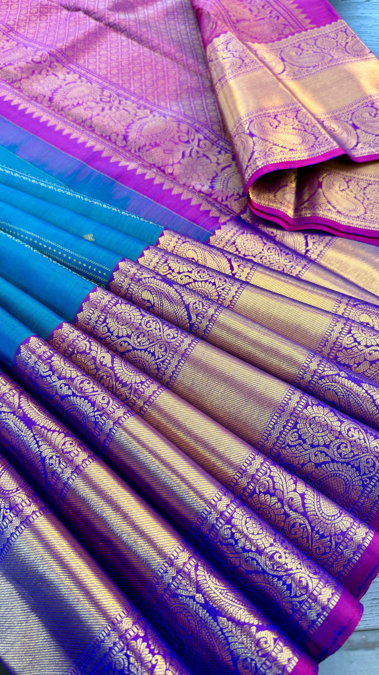 DUAL TONE PEACOCK BLUE WITH CONTRAST PURPLE HANDLOOM KANICHIPURAM SILK SAREE (KSS12)