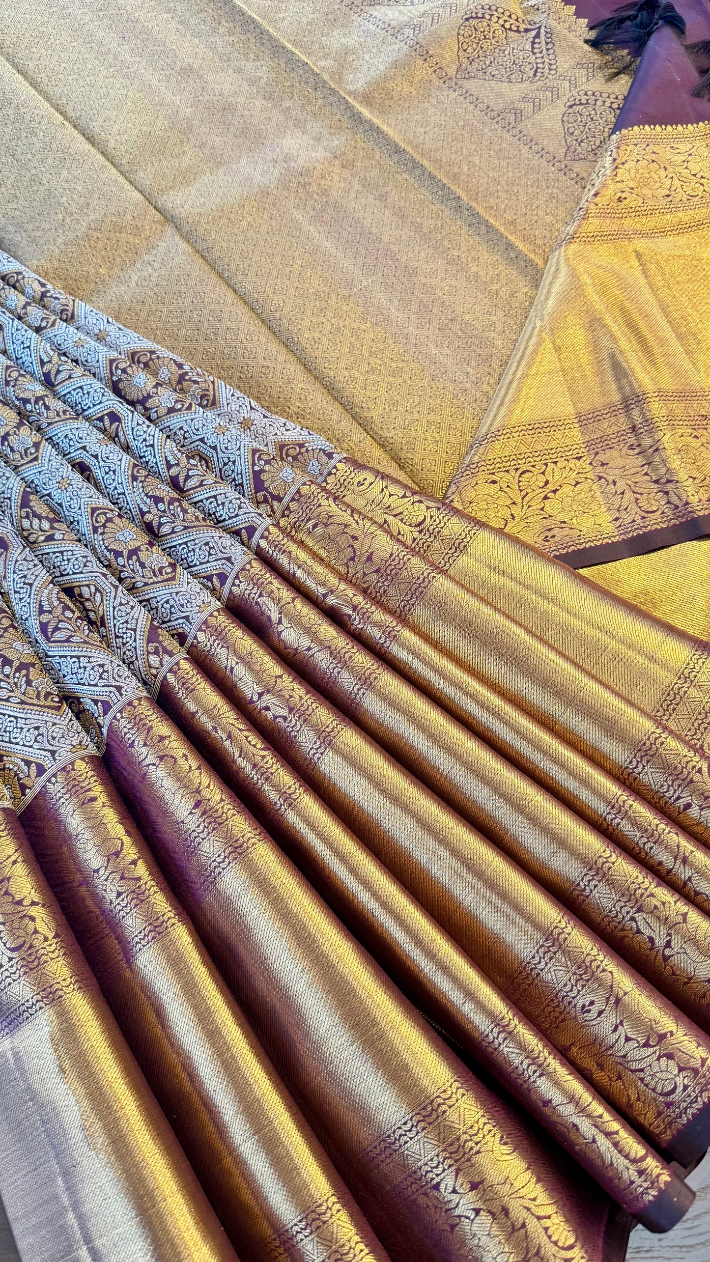 DARK RAISIN GOLD & SILVER ZARI BRIDAL HANDLOOM KANICHIPURAM SILK SAREE (KSS35)