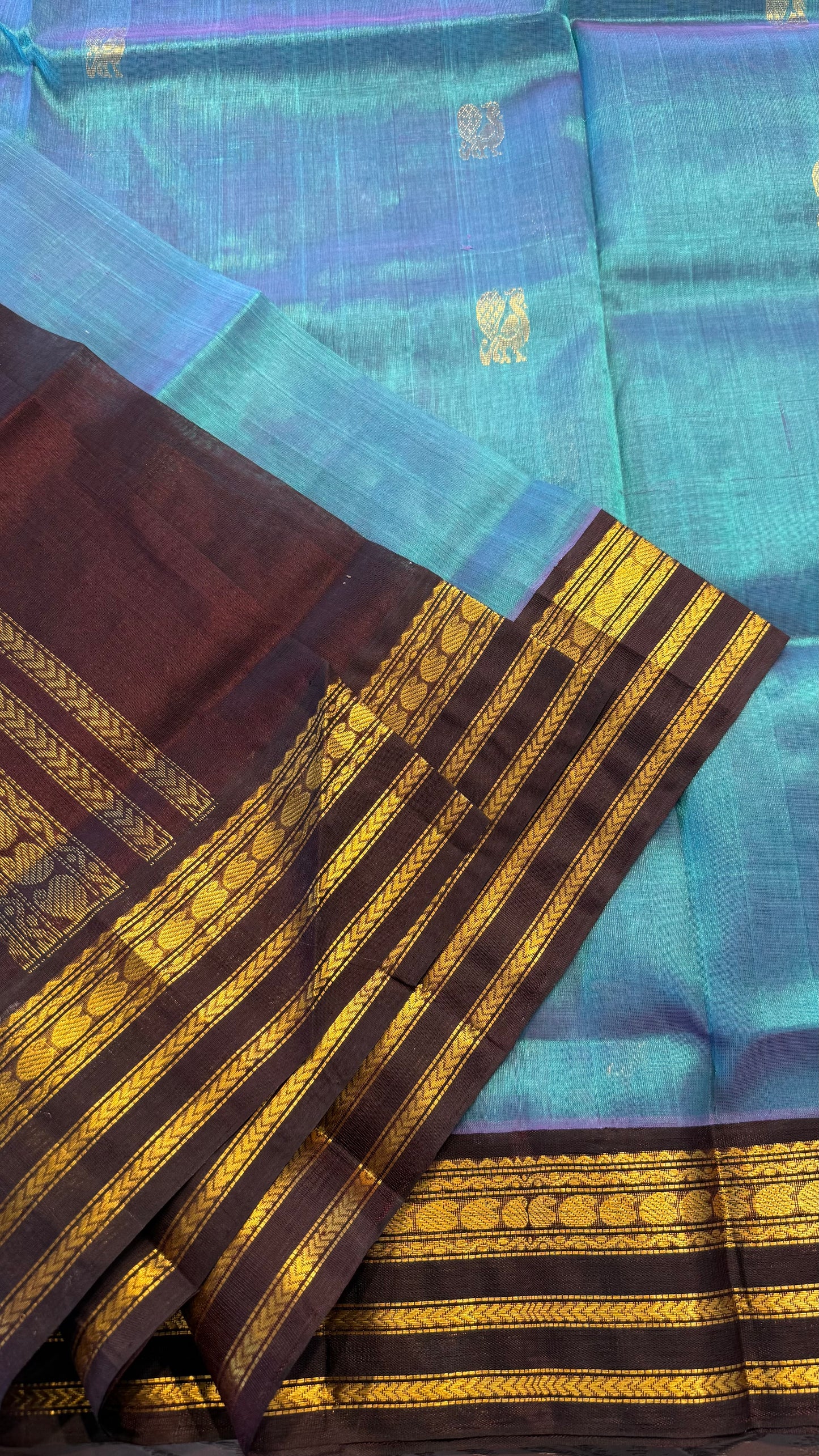 TURQUOISE WITH DARK BROWN HANDLOOM KANCHIPURAM SILK COTTON (KSC132)