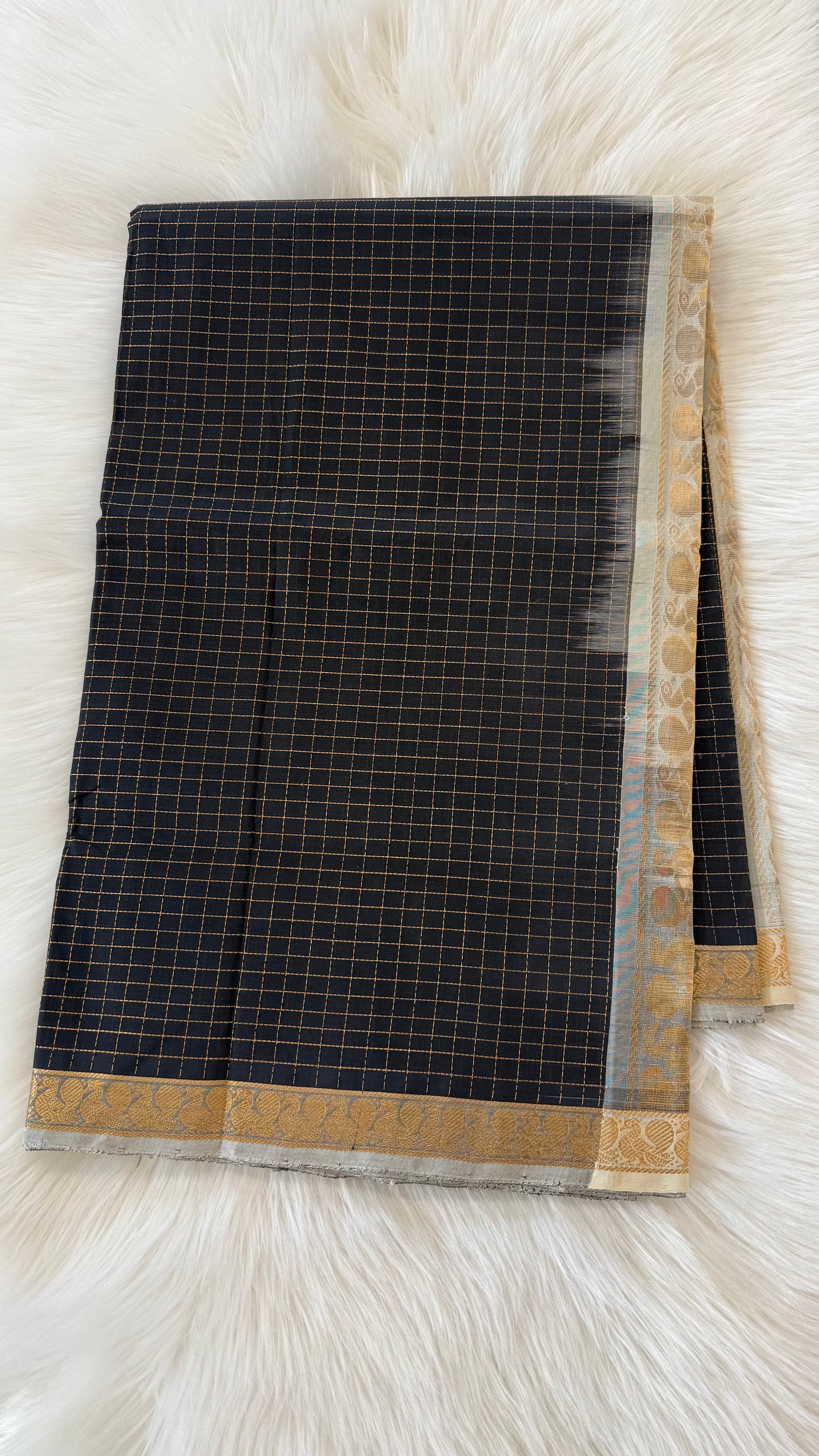 CHECKED BLACK WITH CREAM HANDLOOM KANCHIPURAM SILK COTTON (KSC25)