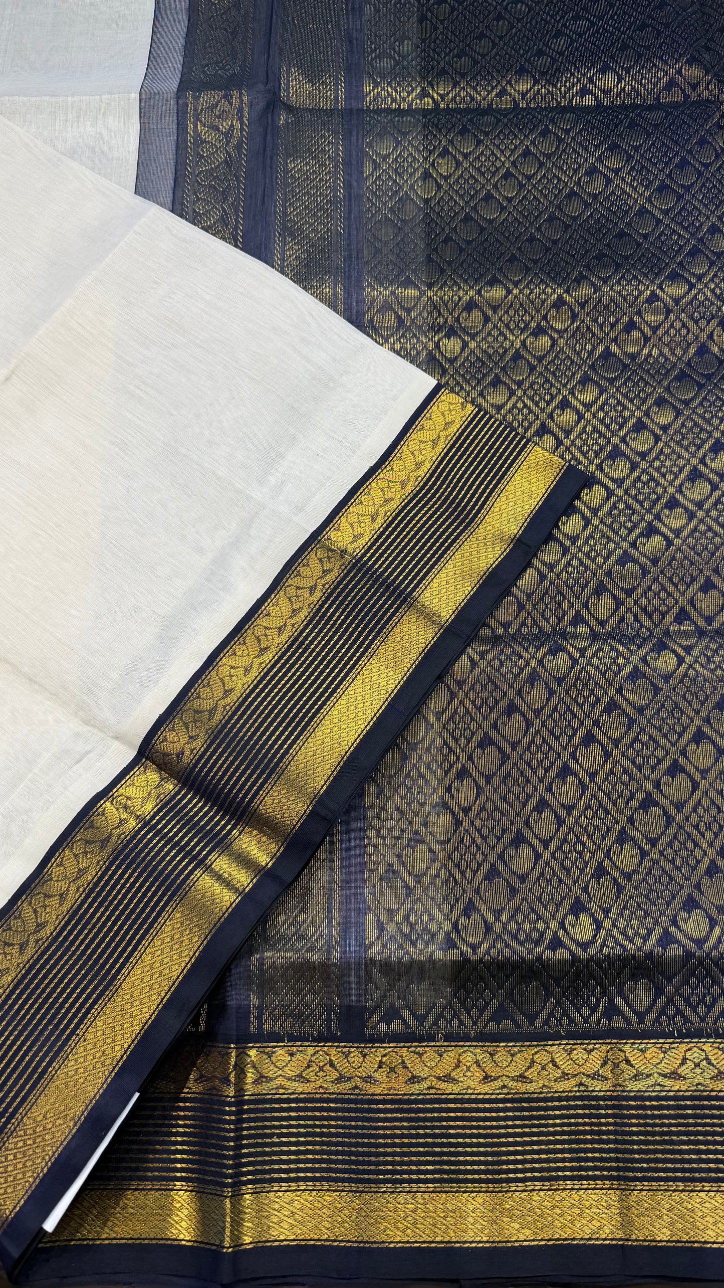 OFF WHITE WITH NAVY BLUE HANDLOOM KANCHIPURAM SILK COTTON (KSC104)