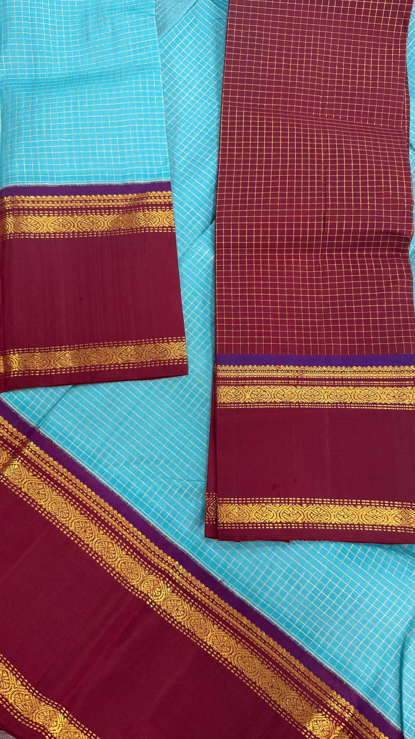 TURQUOISE BLUE KATTAM RETTA PETTA GOLD ZARI HANDLOOM PURE KANICHIPURAM SILK SAREE (KSS225)