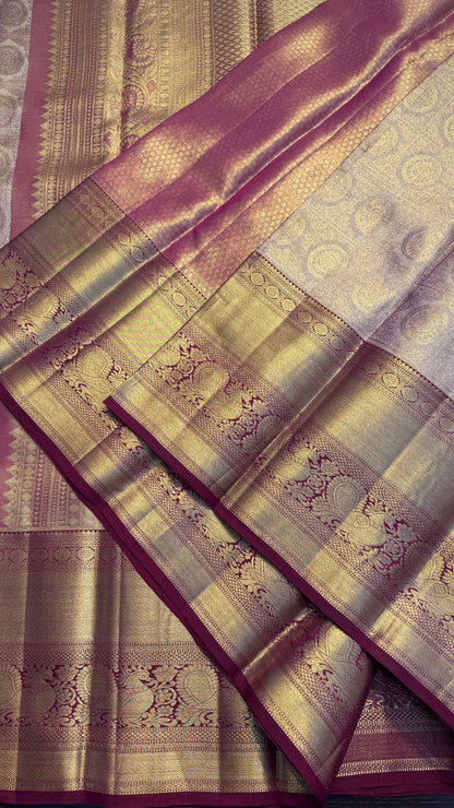 GOLDEN WITH CONTRAST MAGENTA PINK GOLD ZARI HANDLOOM KANCHIPURAM SILK SAREE (KSS444)