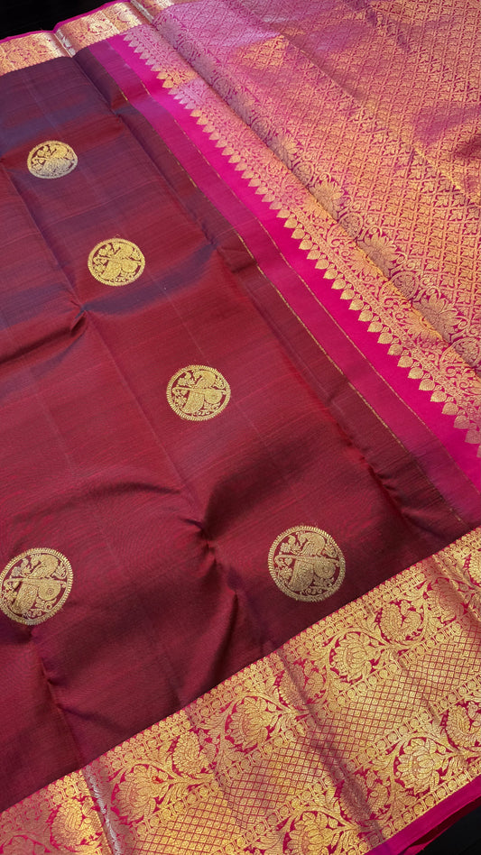 MAROON WITH CONTRAST PINK GOLD ZARI HANDLOOM KANCHIPURAM SILK SAREE (KSS401)
