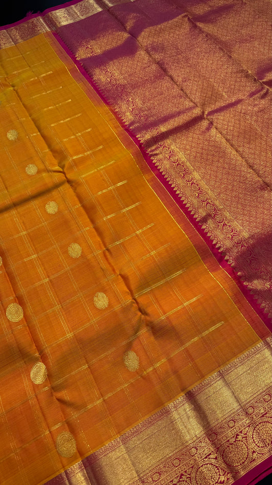 MANGO YELLOW CHECKED WITH CONTRAST PINK GOLD ZARI HANDLOOM KANCHIPURAM SILK SAREE (KSS422)