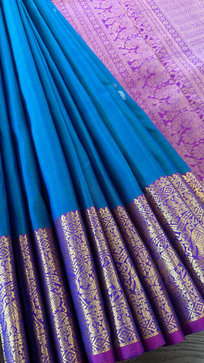 TEAL BLUE GREEN WITH CONTRAST PURPLE GOLD ZARI HANDLOOM KANICHIPURAM SILK SAREE (KSS153)