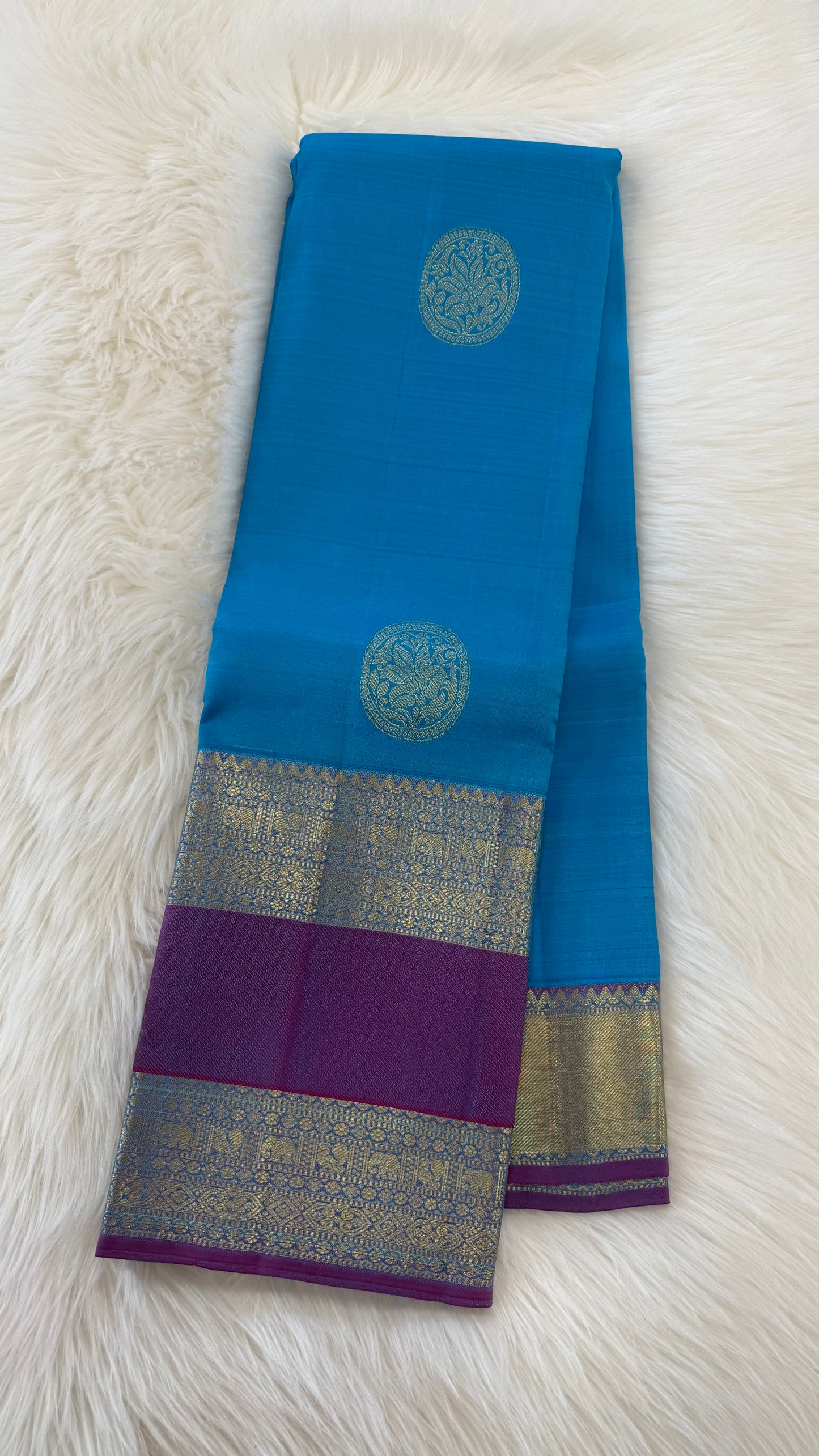 TURQUOISE BLUE WITH CONTRAST PURPLE GOLD ZARI HANDLOOM KANICHIPURAM SILK SAREE (KSS165)