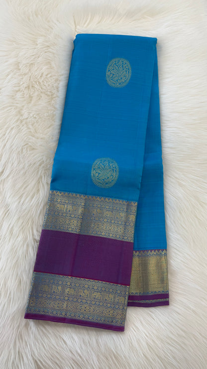 TURQUOISE BLUE WITH CONTRAST PURPLE GOLD ZARI HANDLOOM KANICHIPURAM SILK SAREE (KSS165)