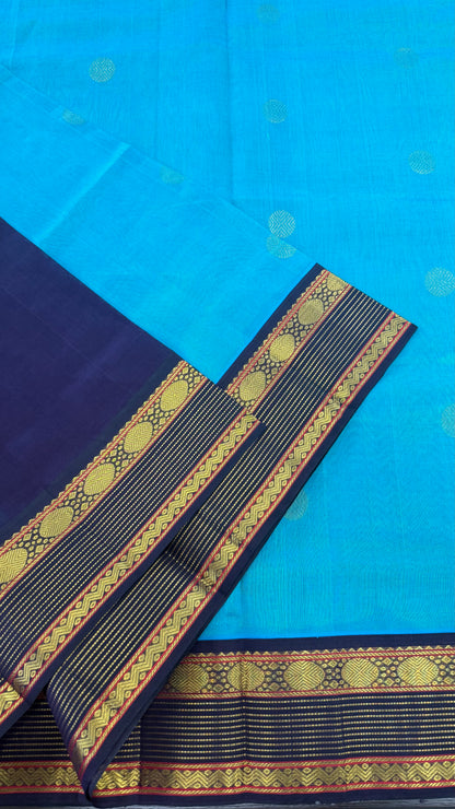 TURQUIOSE BLUE WITH CONTRAST BLACK HANDLOOM KANCHIPURAM SILK COTTON (KSC18)