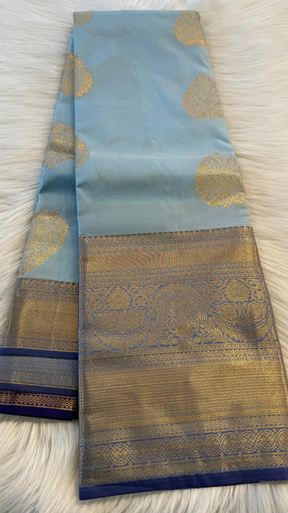 PASTEL BLUE WITH CONTRAST BLUE SILK KANICHIPURAM SILK SAREE (SSKS55)