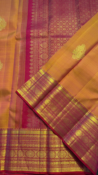 MANGO YELLOW WITH CONTRAST PINK GOLD ZARI HANDLOOM KANCHIPURAM SILK SAREE (KSS388)