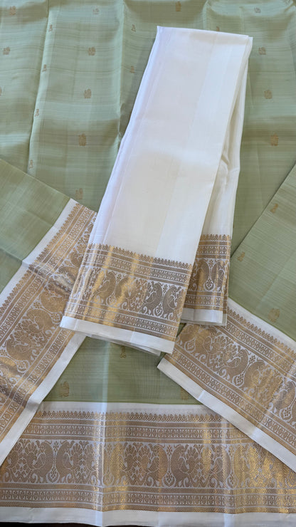 PASTEL MINT GREEN WITH CONTRAST OFF WHITE GOLD ZARI HANDLOOM KANICHIPURAM SILK SAREE (KSS86)