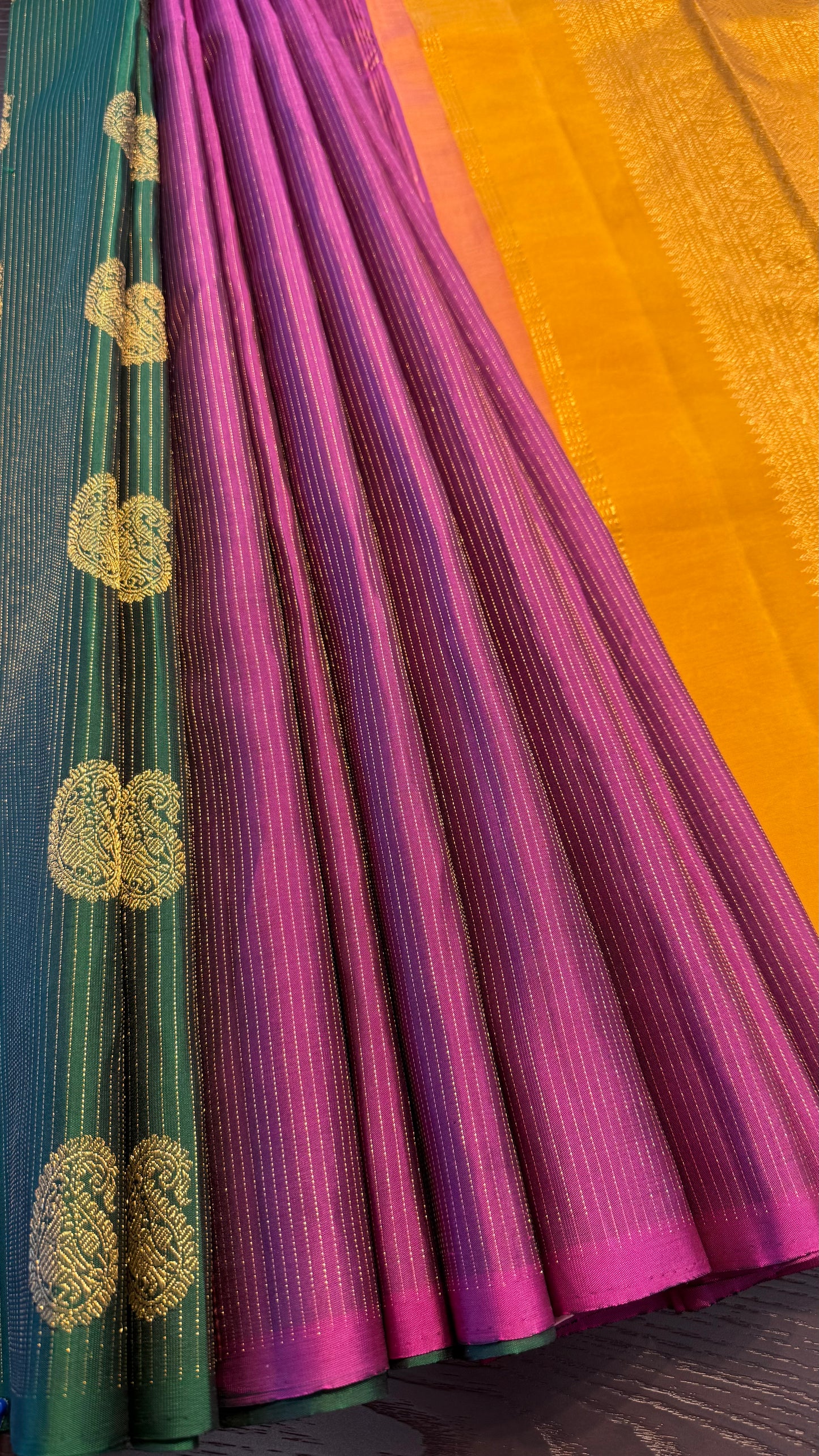 YELLOW, MAGENTA AND GREEN PARTLY KANCHIPURAM HANDLOOM SILK SAREE (KSS446)