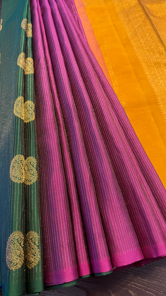 YELLOW, MAGENTA AND GREEN PARTLY KANCHIPURAM HANDLOOM SILK SAREE (KSS446)
